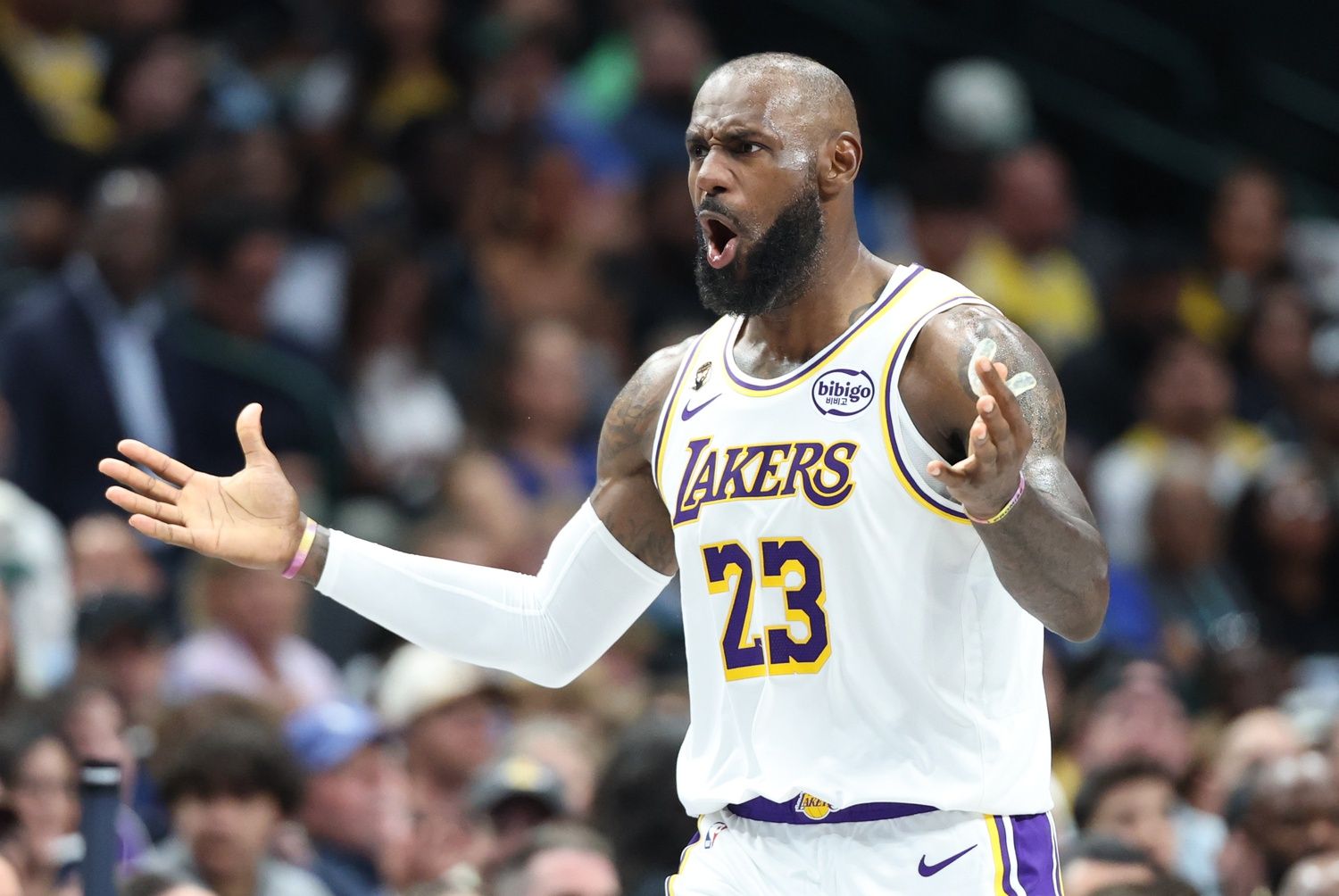 Los Angeles Lakers forward LeBron James (23) reacts against the Dallas Mavericks during the second half at American Airlines Center.