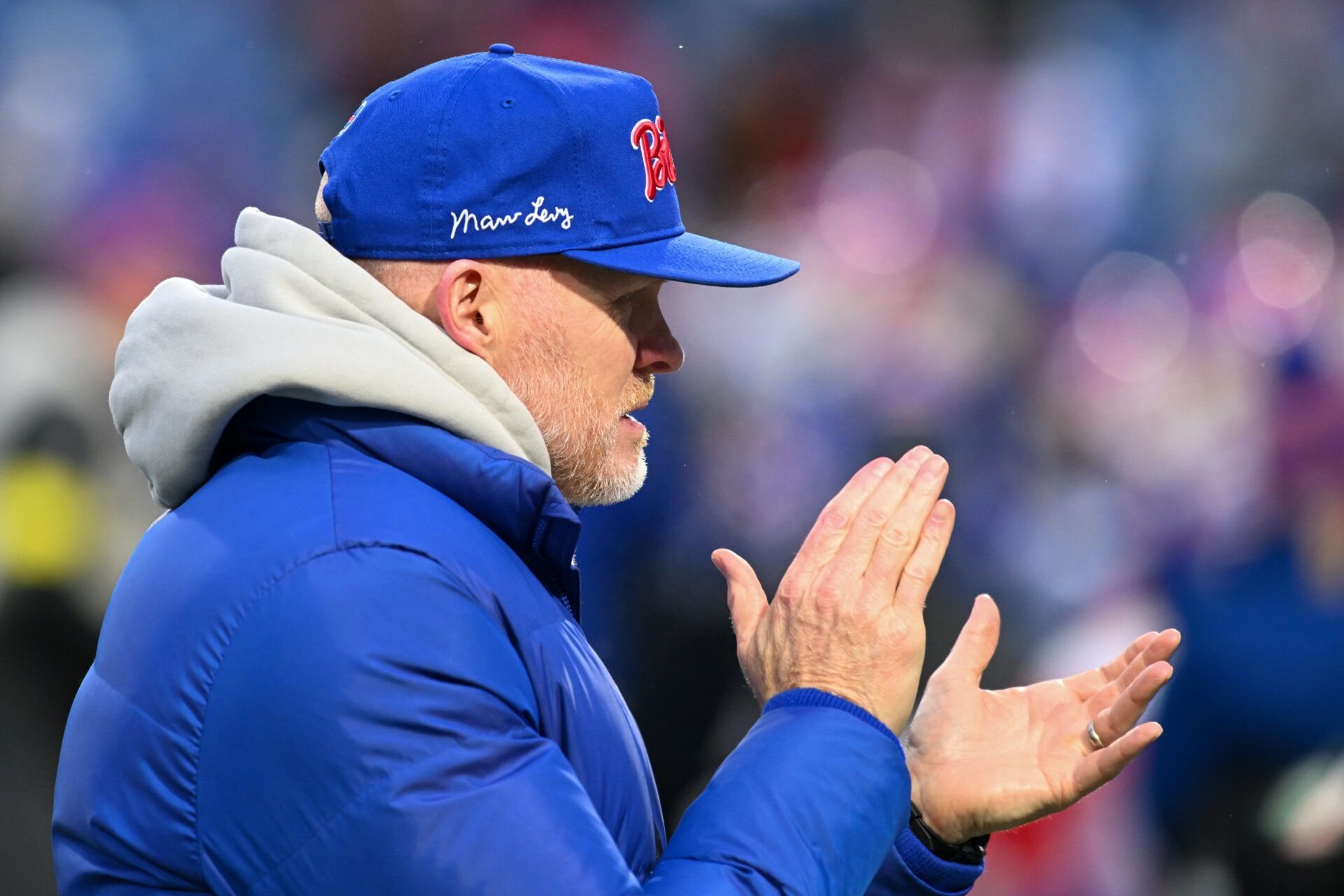 Buffalo Bills head coach Sean McDermott looks on during warmups before the game against the New York Jets at Highmark Stadium.