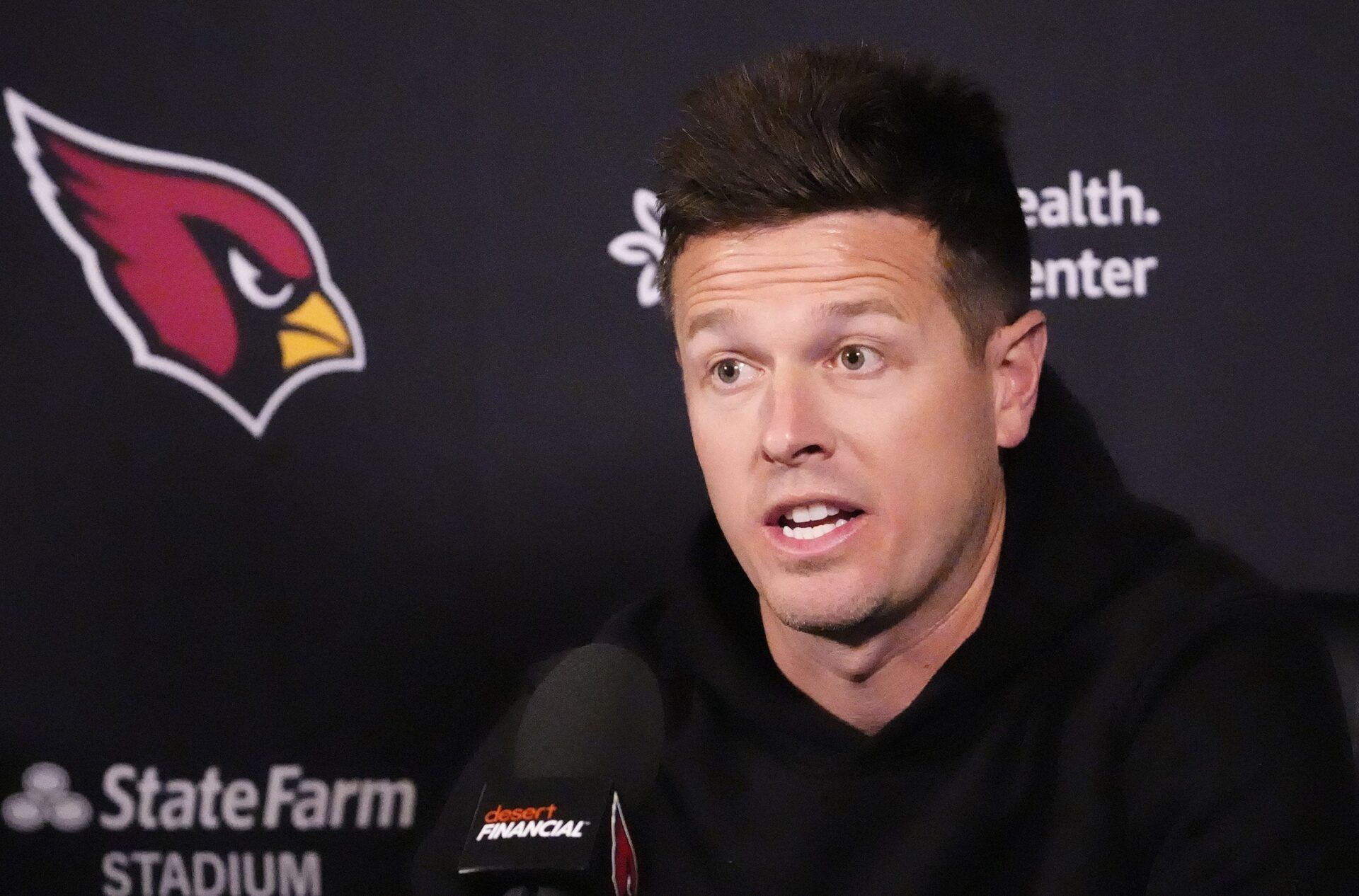 Arizona Cardinals head coach Mike LaFleur during a pre-draft news conference on April 16, 2026, at the Arizona Cardinals training center in Tempe.
