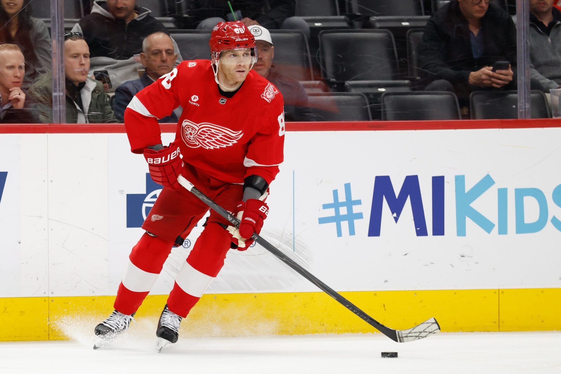 Detroit Red Wings right wing Patrick Kane (88) skates with the puck in the second period against the Columbus Blue Jackets at Little Caesars Arena.