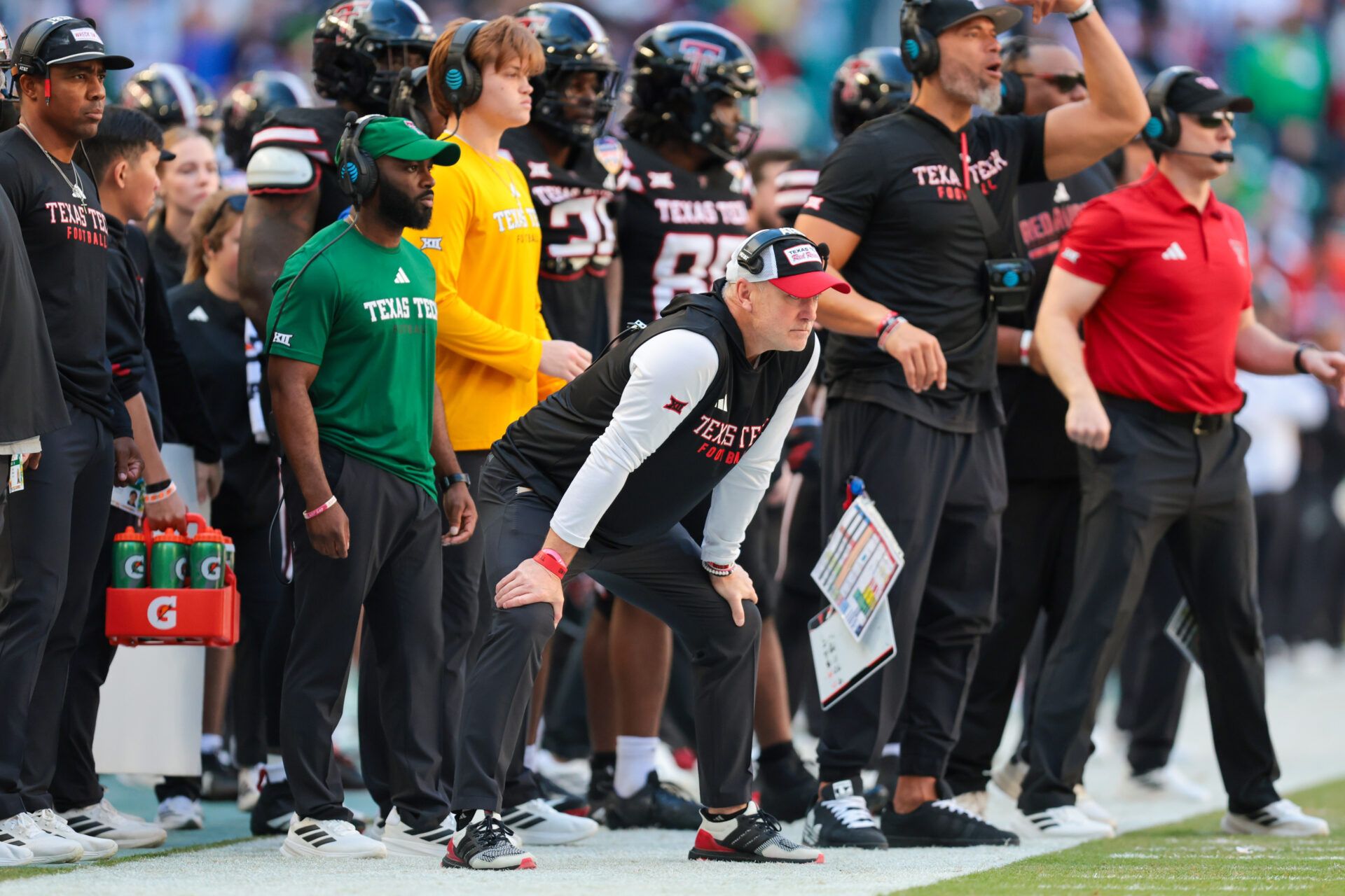 Texas Tech Red Raiders head coach Joey McGuire looks on from the sidelines against the Oregon Ducks during the second half of the 2025 Orange Bowl and quarterfinal game of the College Football Playoff at Hard Rock Stadium.