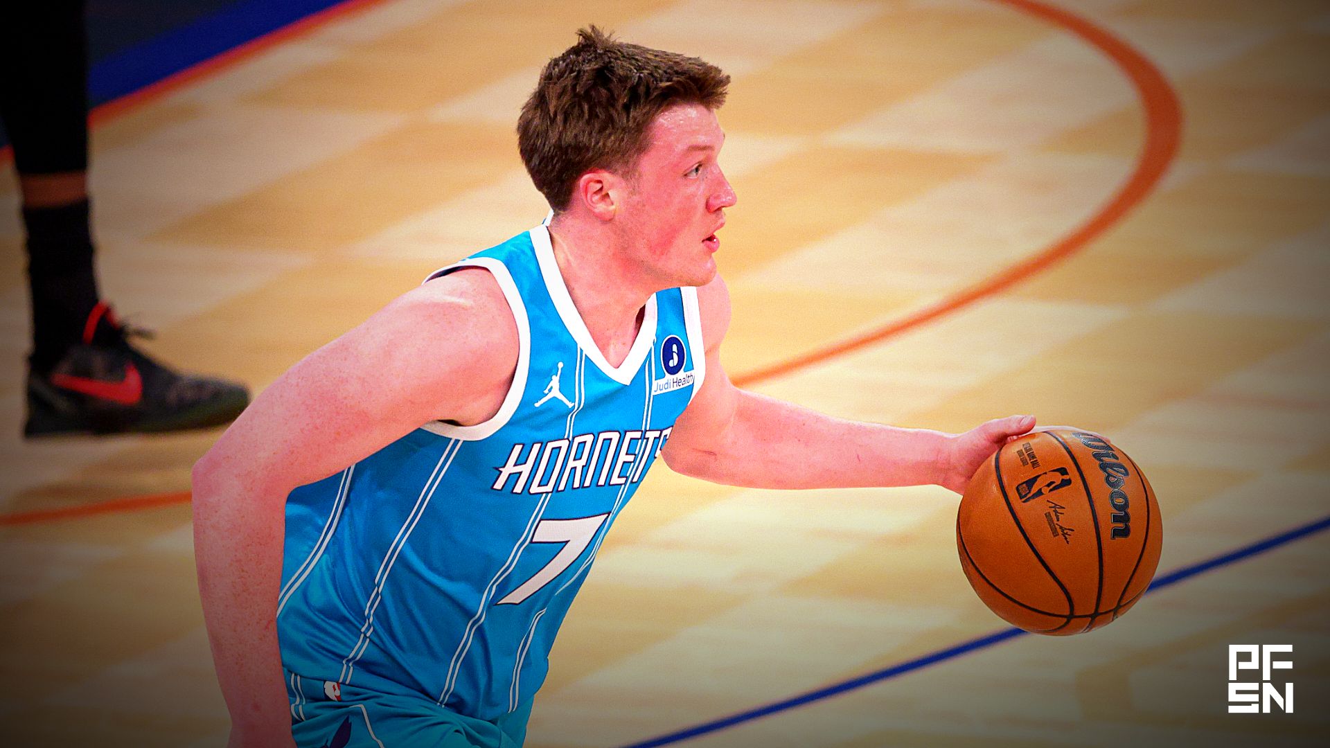 Charlotte Hornets guard Kon Knueppel (7) dribbles up court against the New York Knicks during the first half at Madison Square Garden.