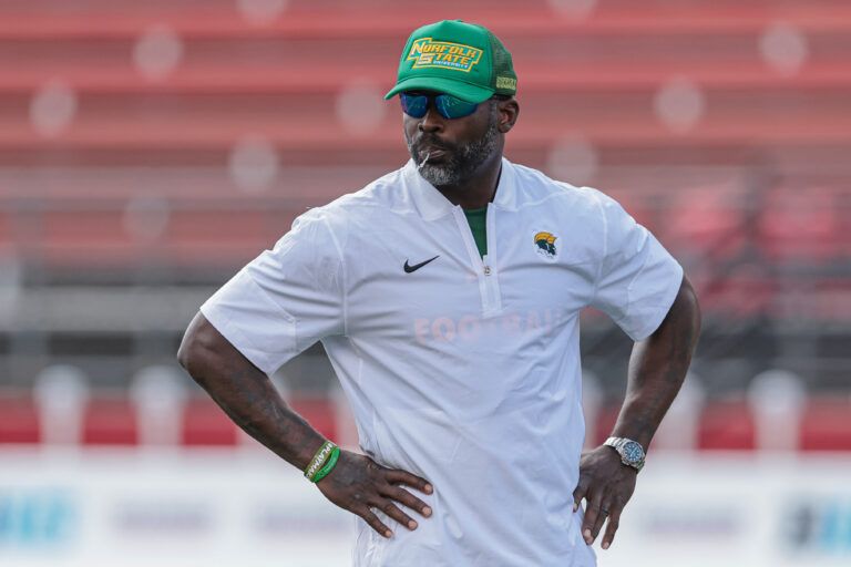 Norfolk State Spartans head coach Michael Vick looks on before the game against the Rutgers Scarlet Knights at SHI Stadium.