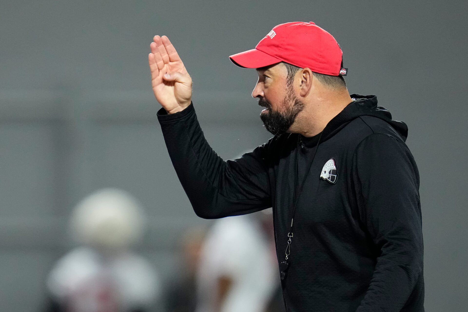 Ohio State Buckeyes head coach Ryan Day motions during the first day of spring workouts for the 2026 football season at Woody Hayes Athletic Complex in Columbus on March 10, 2026.