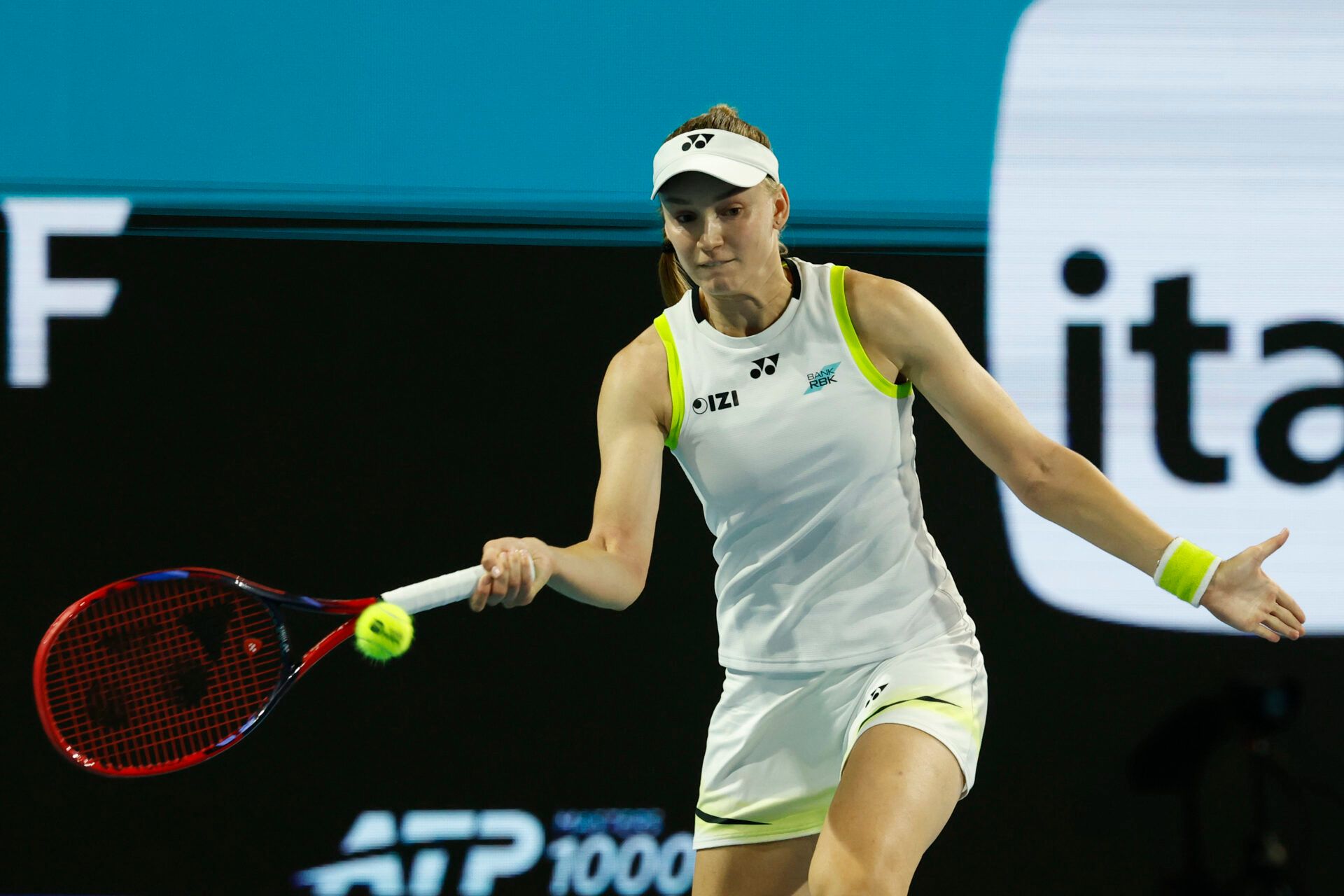 Elena Rybakina (KAZ) hits a forehand against Talia Gibson (AUS) (not pictured) on day 7 of the 2026 Miami Open at Hard Rock Stadium.