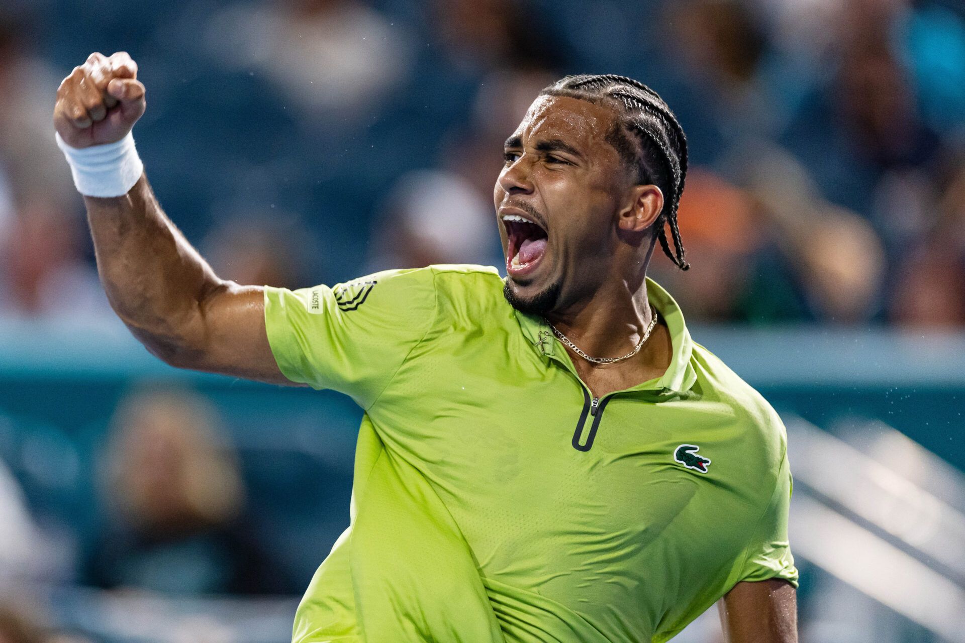 Arthur Fils of France celebrates during his match against Tommy Paul of the United States in the quarter finals of the men’s singles at the Miami Open at Hard Rock Stadium.