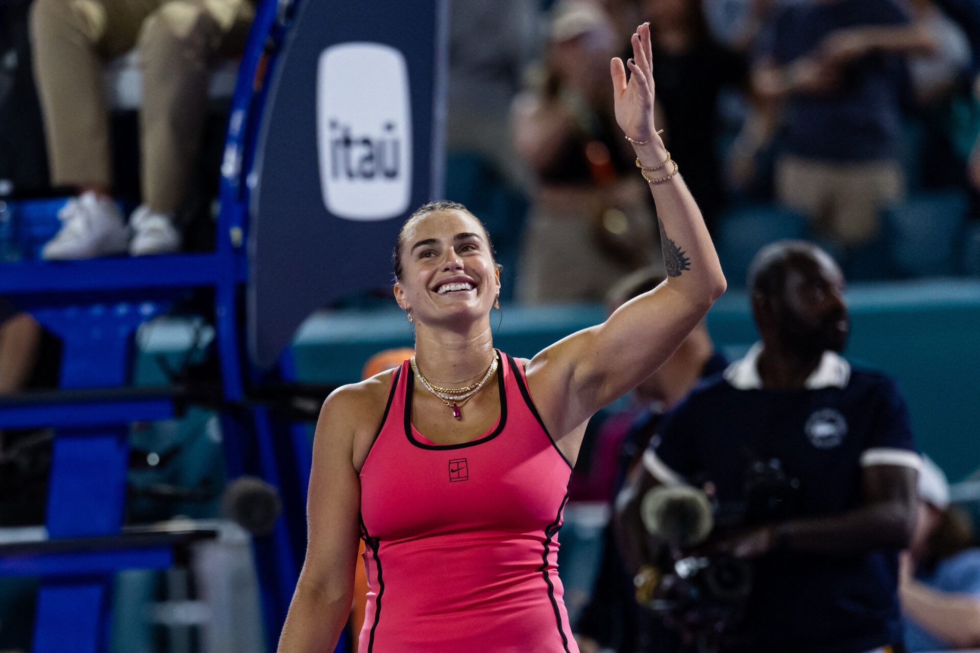 Aryna Sabalenka of Belarus celebrates her victory over Elena Rybakina of Kazakhstan in the semi-finals of the women’s singles at the Miami Open at the Hard Rock Stadium.