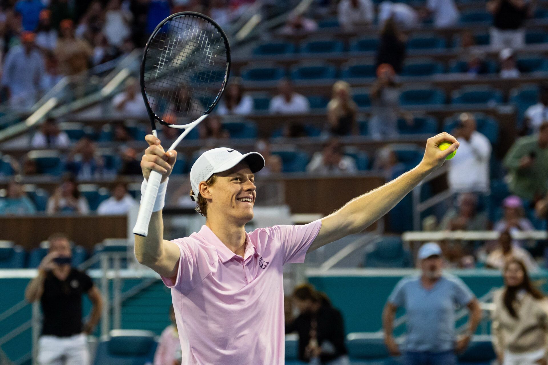 Jannik Sinner of Italy celebrates his victory over Jiri Lehecka of the Czech Republic in the final of the men’s singles at the Miami Open at the Hard Rock Stadium.