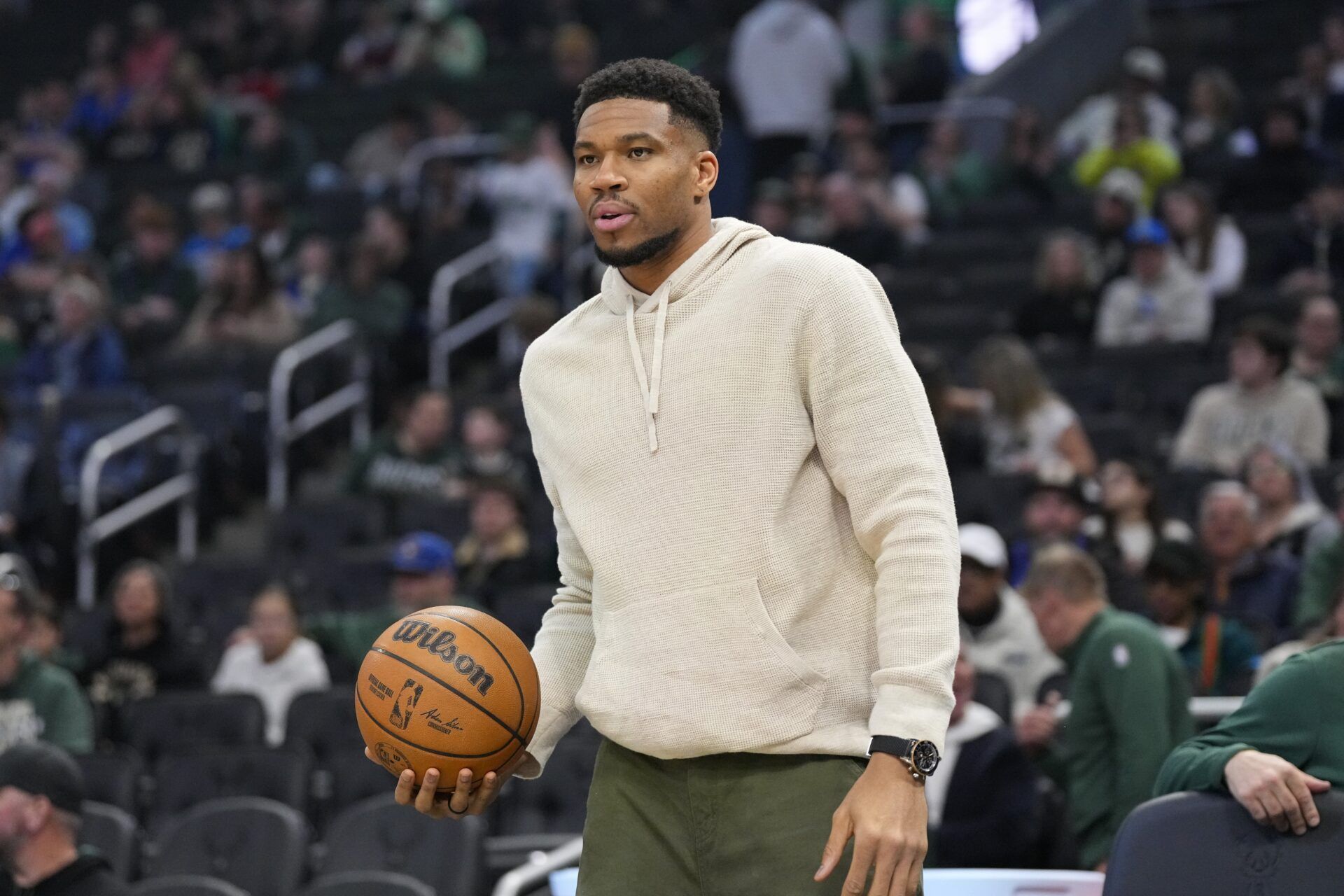 Milwaukee Bucks forward Giannis Antetokounmpo (34) looks on prior to the game against the Brooklyn Nets at Fiserv Forum.