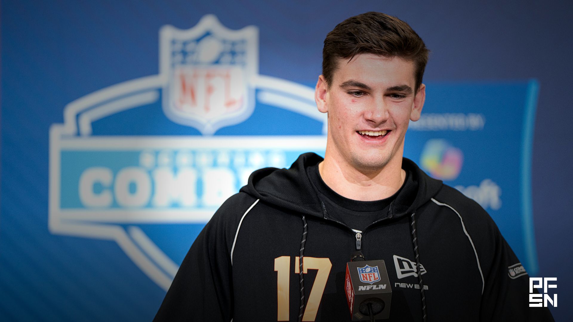 Alabama quarterback Ty Simpson (QB17) speaks to members of the media during the NFL Combine at the Indiana Convention Center.