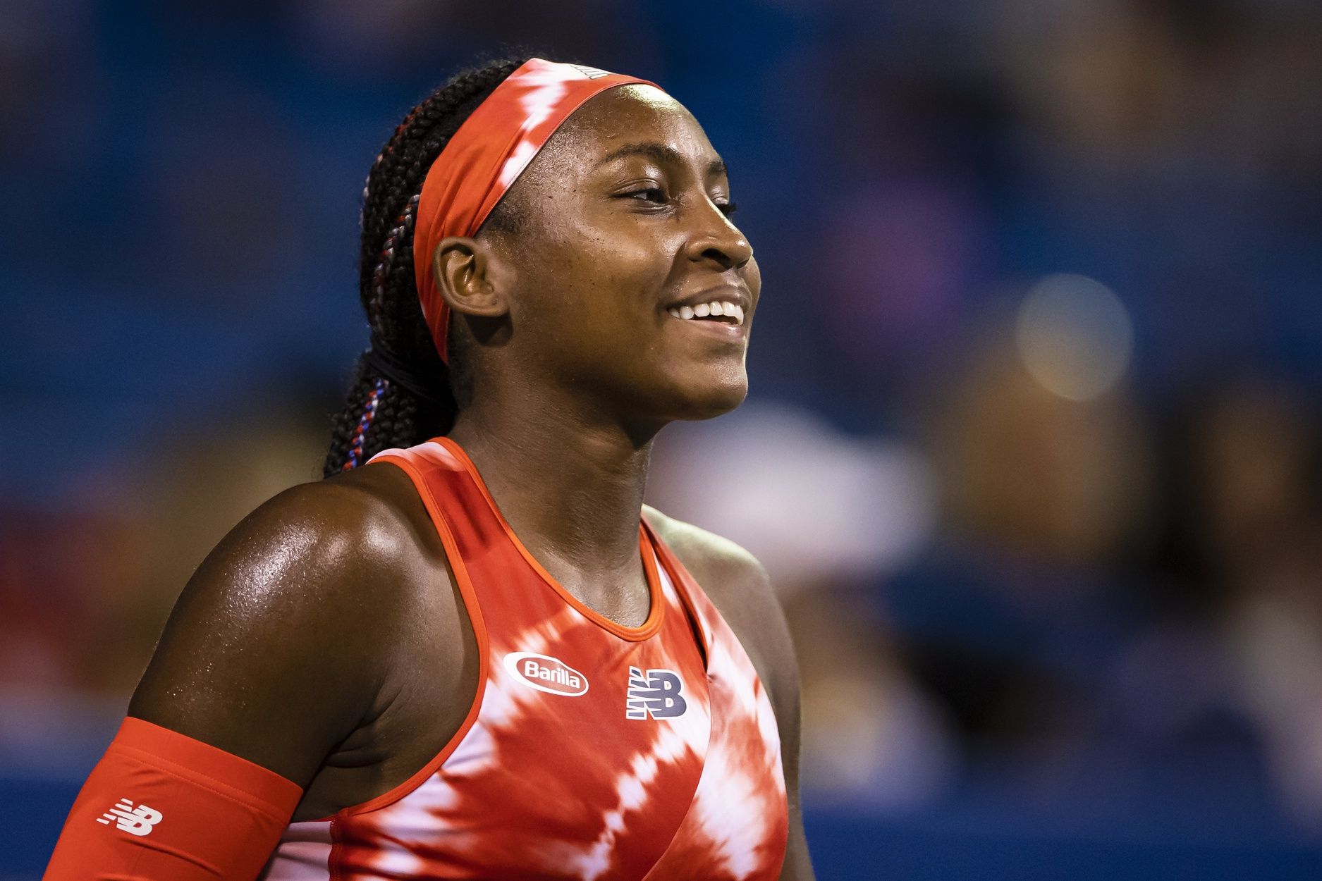Coco Gauff of the United States smiles during the match against Victoria Azarenka of Belarus (not pictured) at the Citi Open at Rock Creek Park Tennis Center.