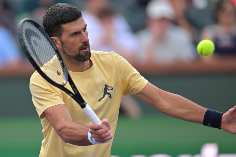 Novak Djokovic (SRB) during a practice session for the BNP Paribas Open at the Indian Wells Tennis Garden.