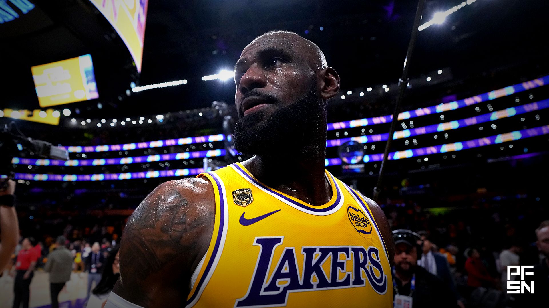 Los Angeles Lakers forward LeBron James (23) leaves the court after game one of the first round of the 2026 NBA Playoffs against the Houston Rockets at Crypto.com Arena.