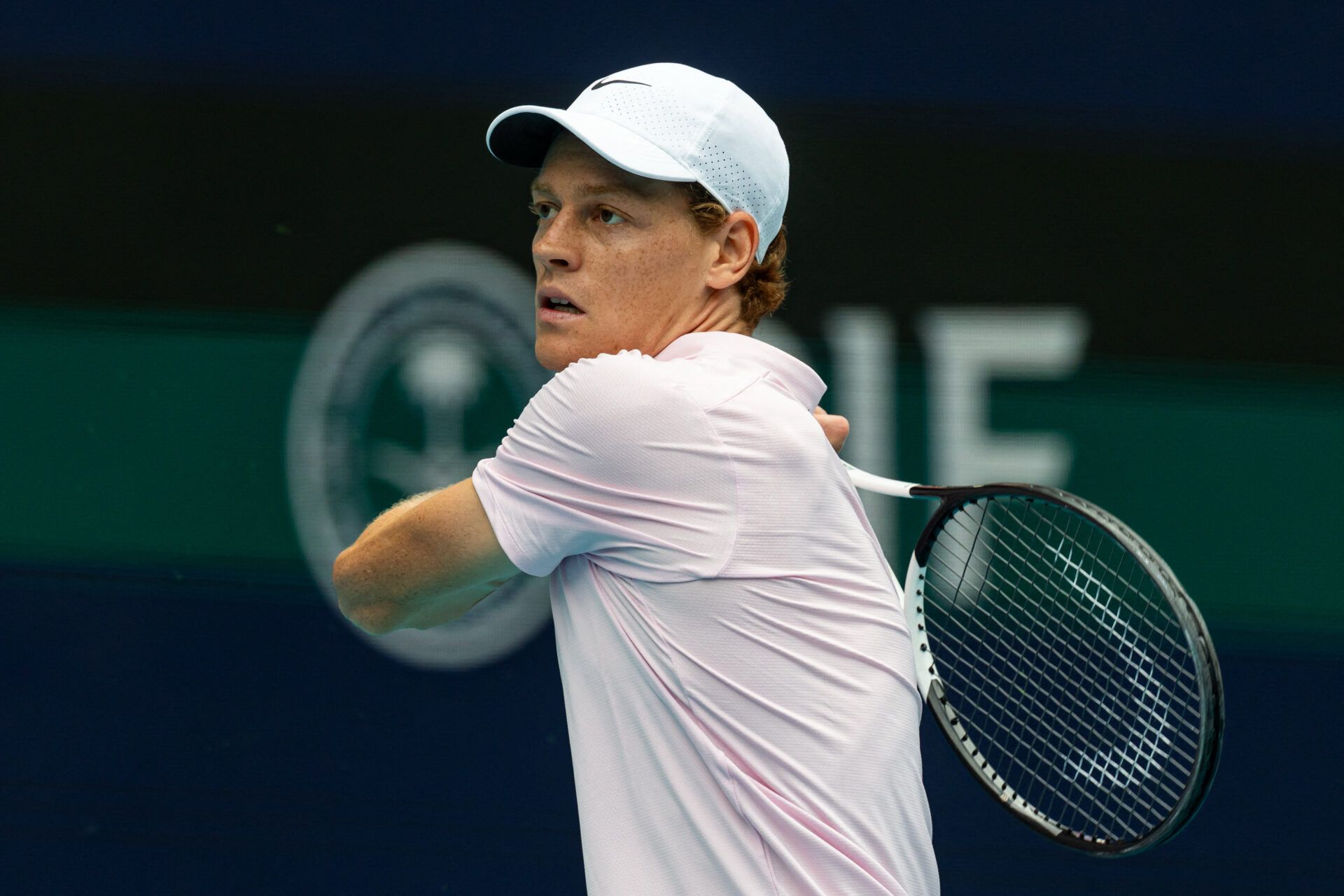 Jannik Sinner of Italy hits a backhand against Jiri Lehecka of the Czech Republic in the final of the men’s singles at the Miami Open at the Hard Rock Stadium.