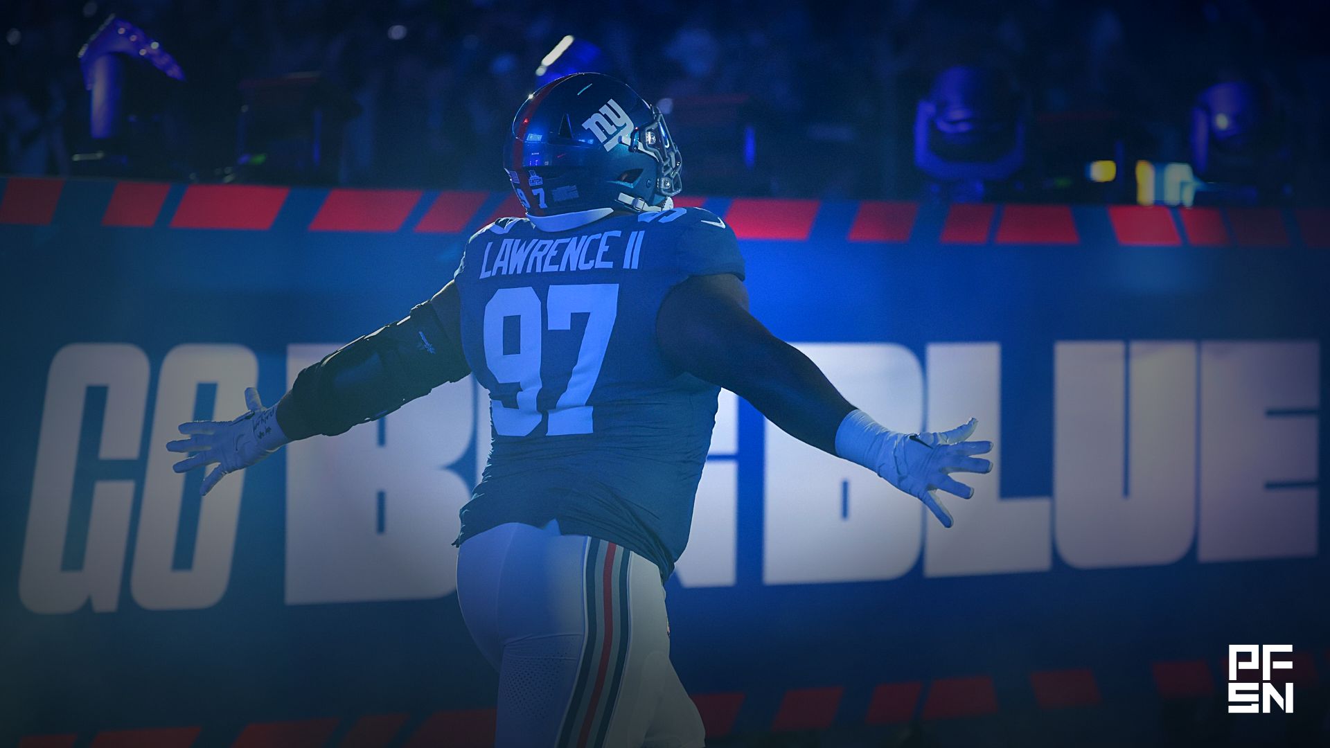 New York Giants defensive tackle Dexter Lawrence II (97) runs onto the field prior to the game against the Philadelphia Eagles at MetLife Stadium.