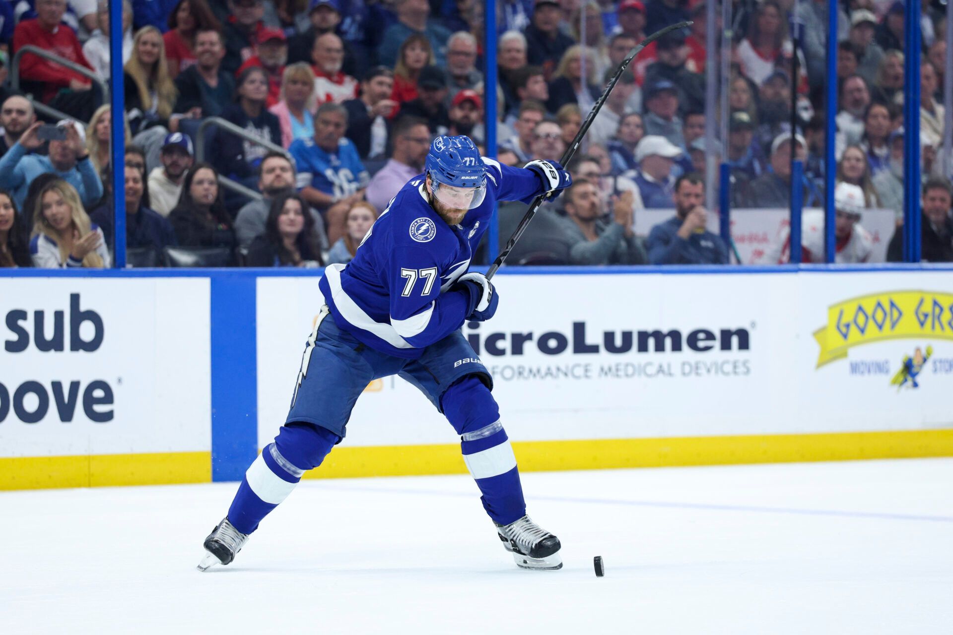 Tampa Bay Lightning defenseman Victor Hedman (77) shoots the puck against the Detroit Red Wings in the first period at Benchmark International Arena.