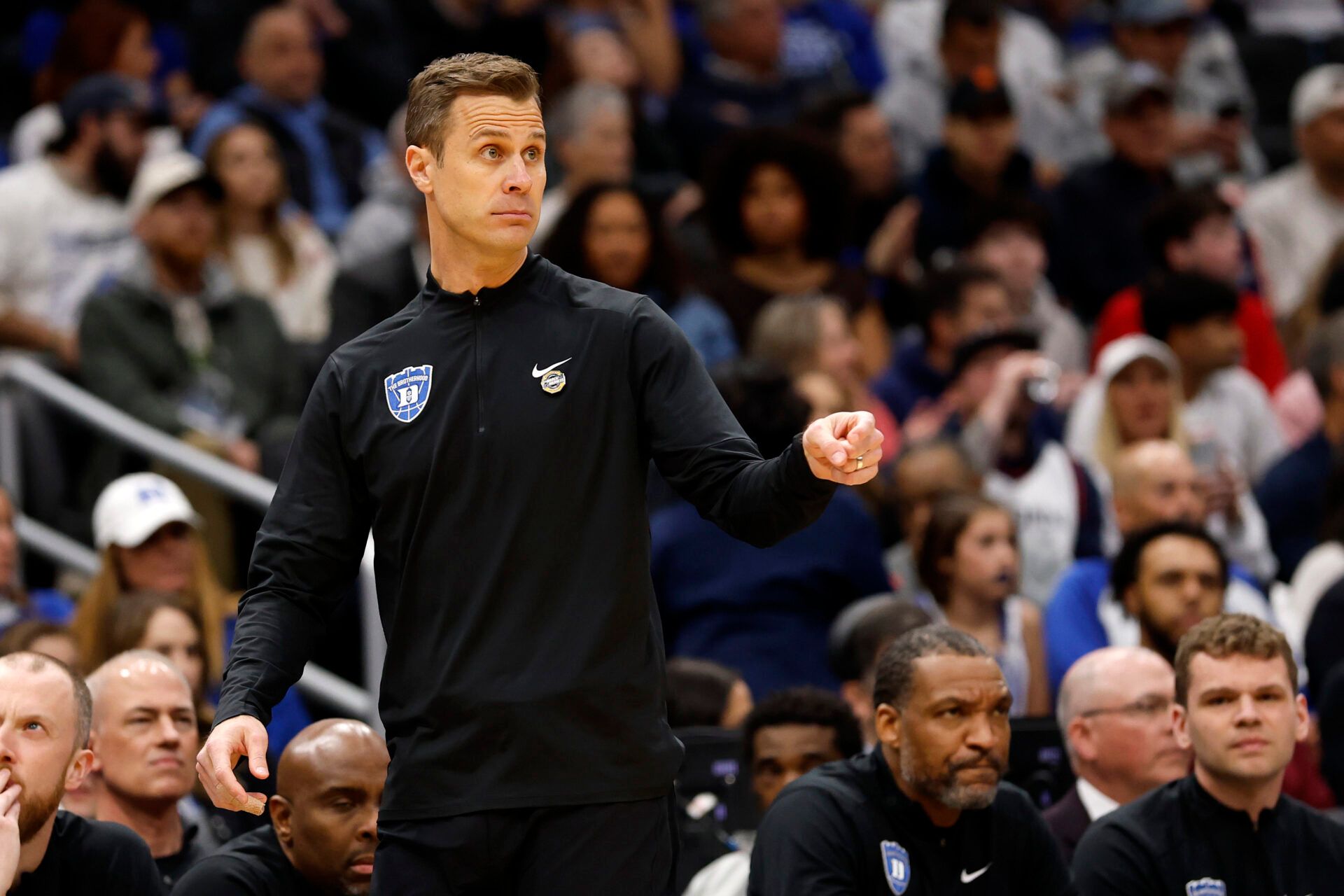 Duke Blue Devils head coach Jon Scheyer reacts in the first half during a Sweet Sixteen game of the East Regional of the men's 2026 NCAA Tournament at Capital One Arena.