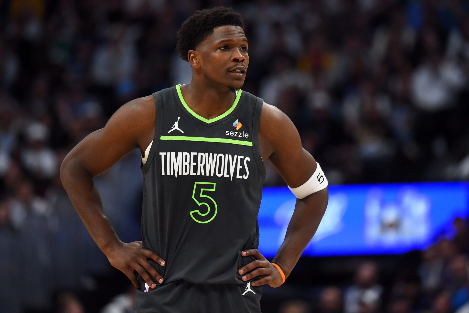 Minnesota Timberwolves guard Anthony Edwards (5) looks on during the first half against the Denver Nuggets in game one of the first round of the 2026 NBA Playoffs at Ball Arena.