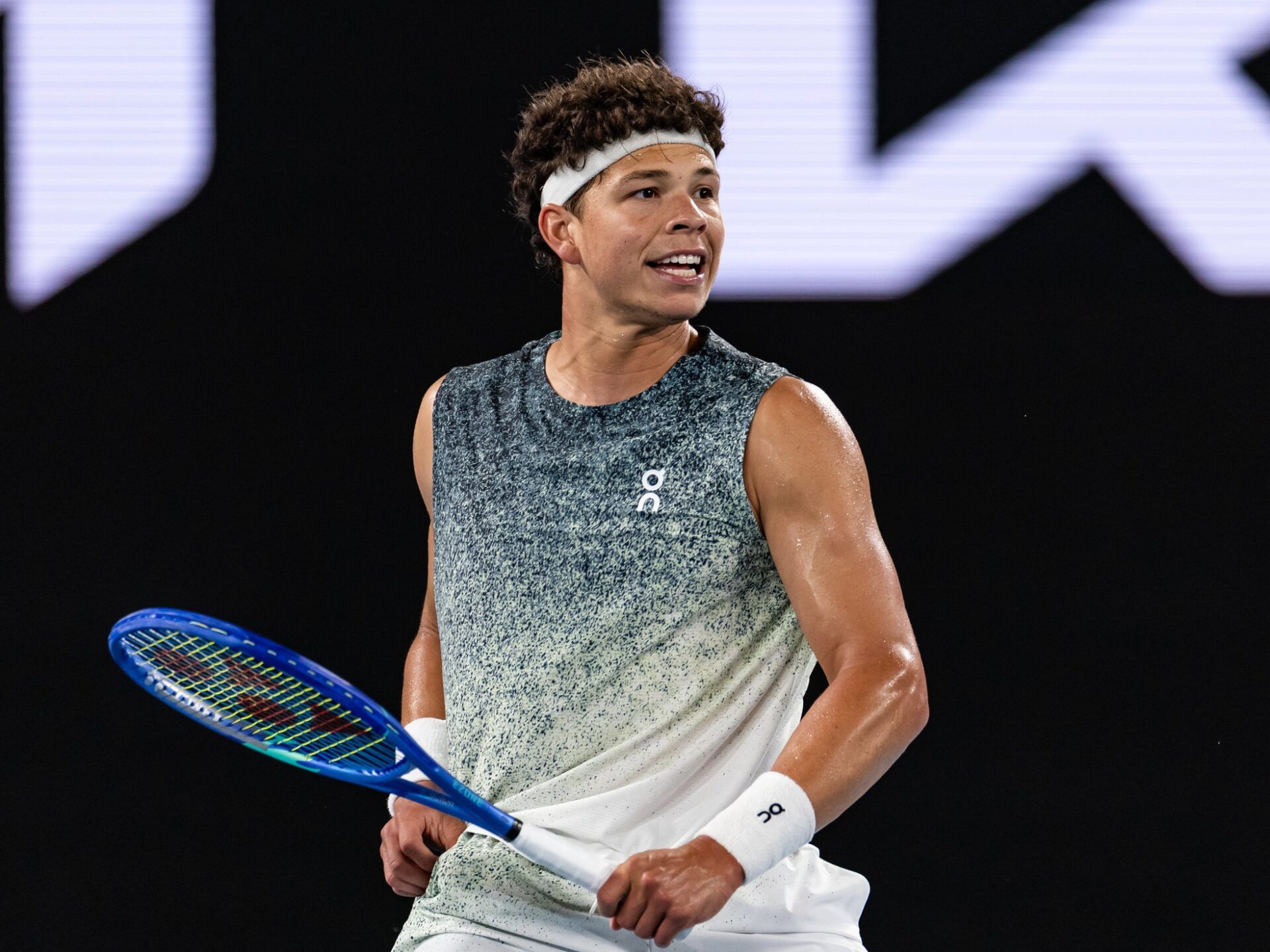 Ben Shelton of United States in action against Jannik Sinner of Italy in the quarterfinals of the mens singles at the Australian Open at Rod Laver Arena in Melbourne Park.