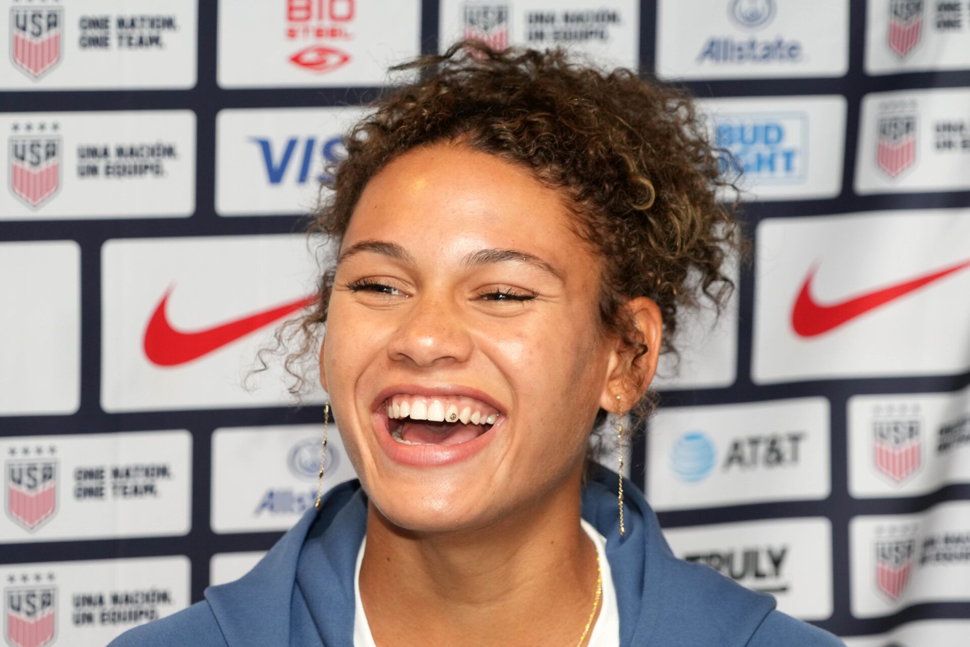 USWNT forward Trinity Rodman, the daughter of Dennis Rodman (not pictured), during Women's World Cup media day at Dignity Health Sports Park.