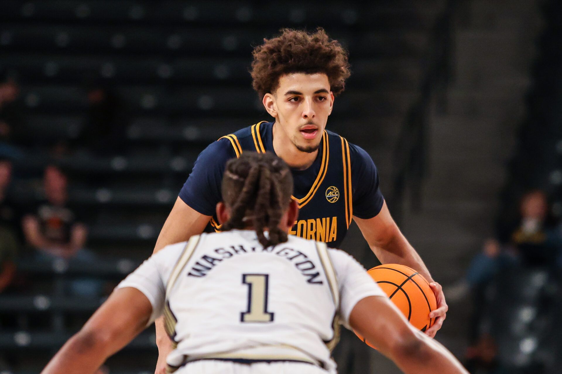 California Golden Bears guard Justin Pippen (10) looks for a play against Georgia Tech Yellow Jackets guard Lamar Washington (1) during the first half at McCamish Pavilion.