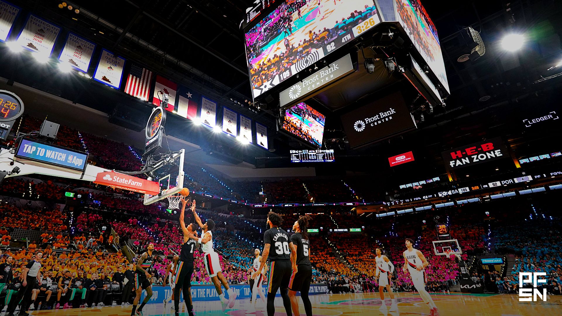 Overall view of the second half of game one of the first round of the 2026 NBA Playoffs between the San Antonio Spurs and the Portland Trail Blazers at Frost Bank Center.