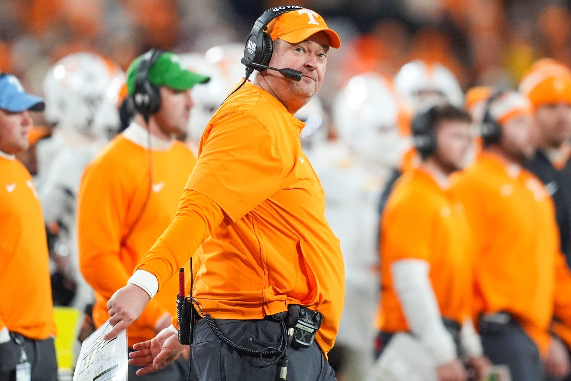 Tennessee coach Josh Heupel makes a face after Tennessee is called offsides during the 2025 Music City Bowl at Nissan Stadium in Nashville, Tenn., on Dec. 30, 2025.