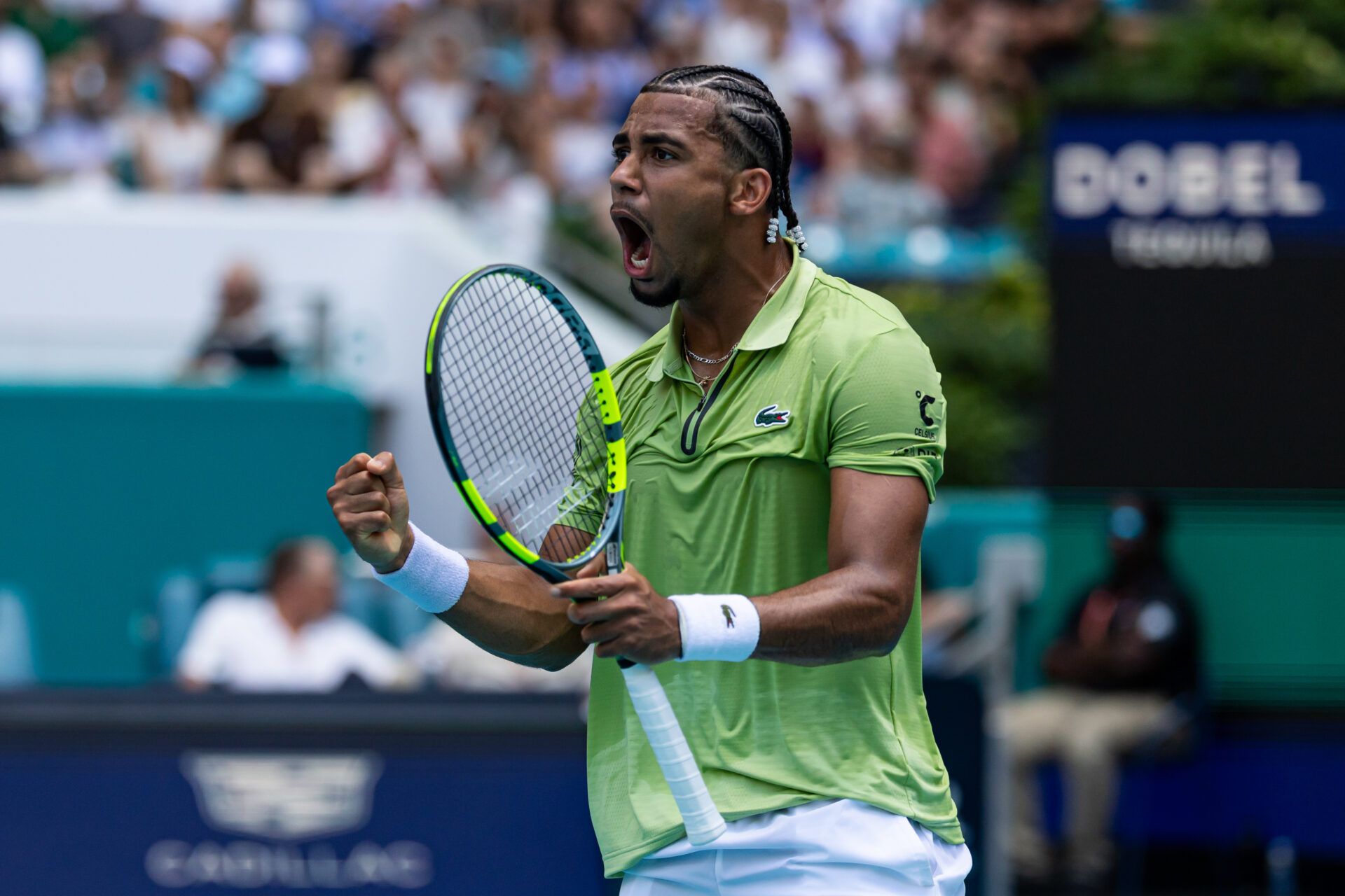 Arthur Fils of France celebrates during his match against Jiri Lehecka of the Czech Republic in the semi-finals of the men’s singles at the Miami Open at the Hard Rock Stadium.