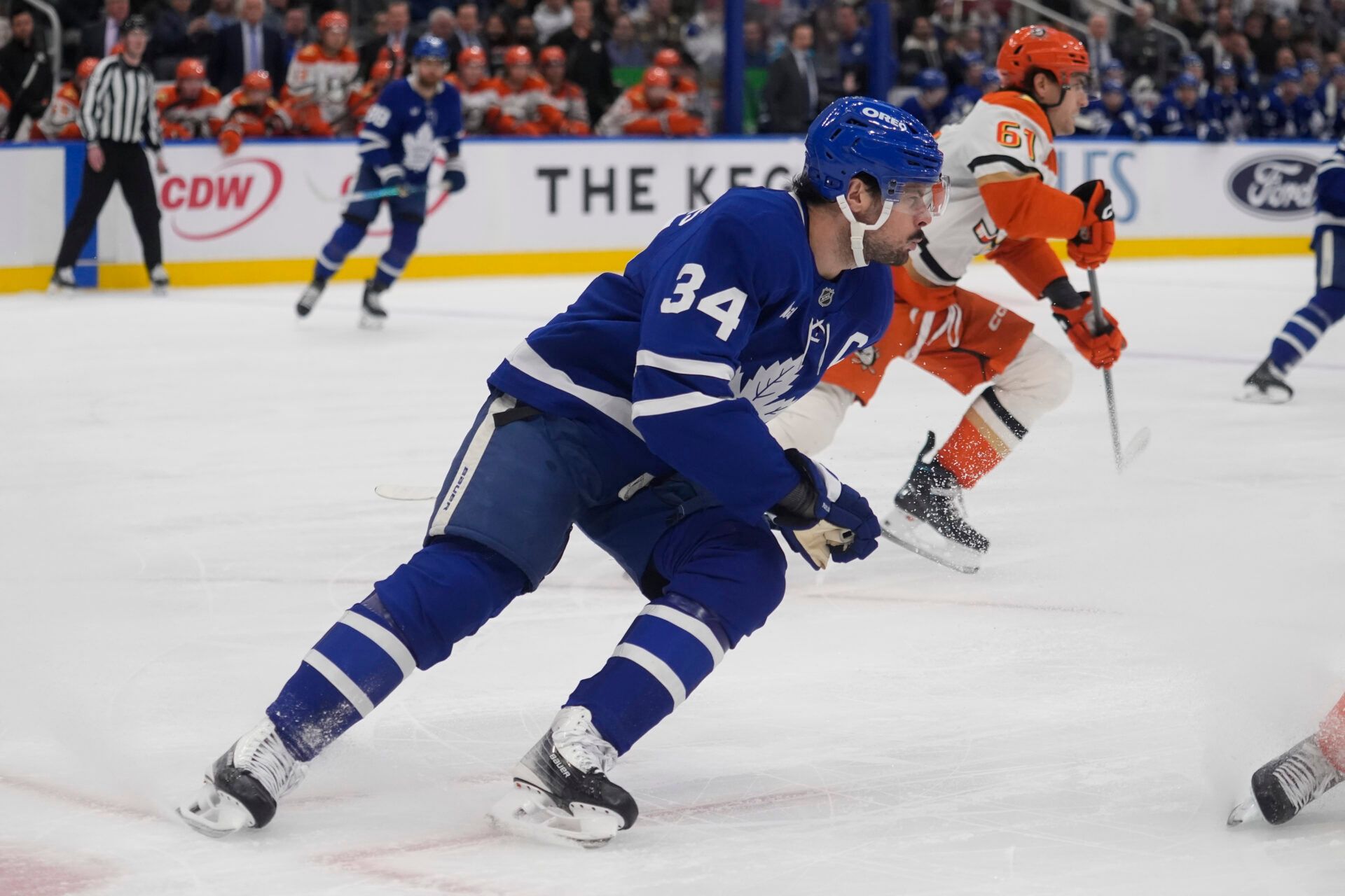 Toronto Maple Leafs forward Auston Matthews (34) skates against the Anaheim Ducks during the first period at Scotiabank Arena.