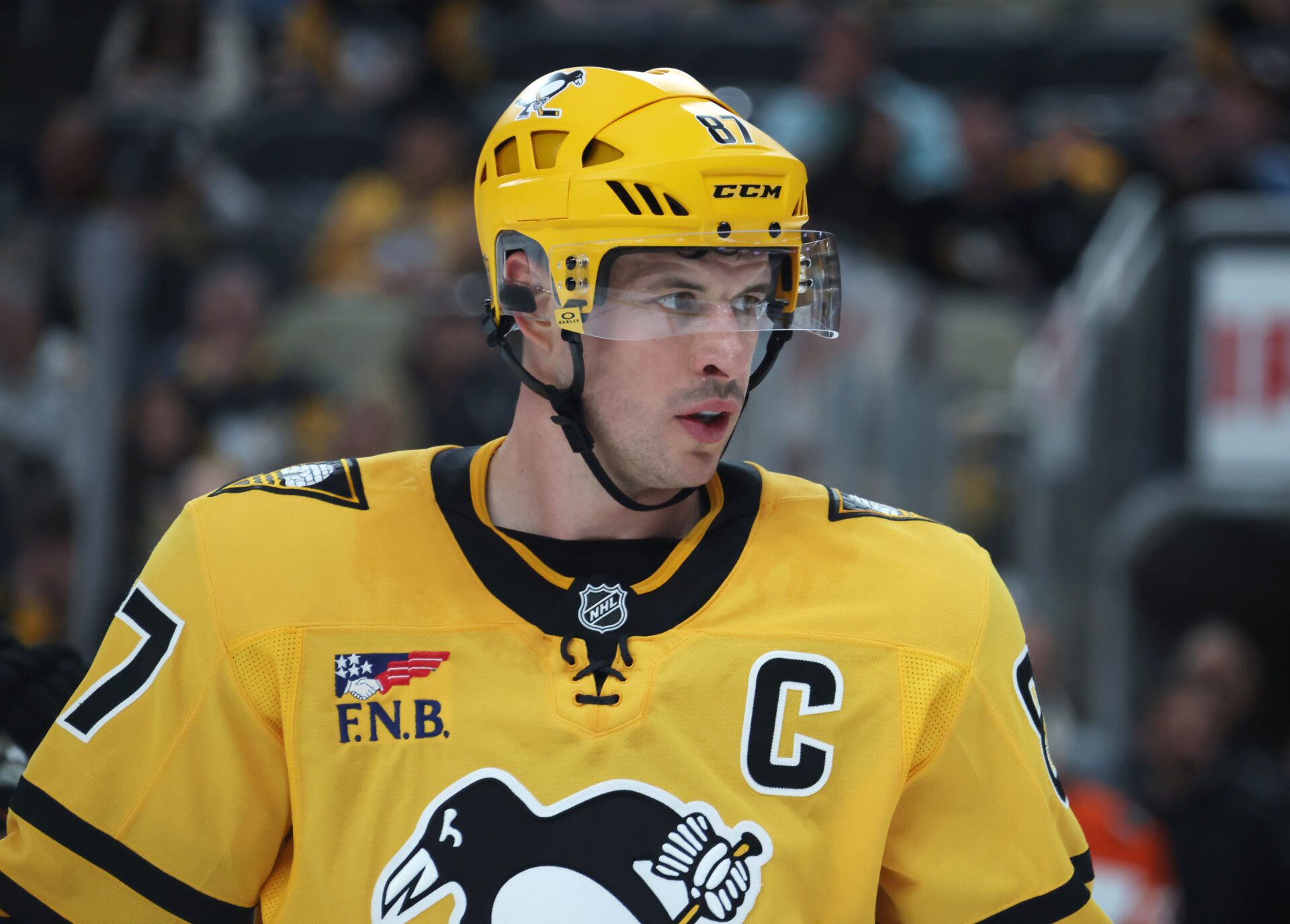Pittsburgh Penguins center Sidney Crosby (87) looks on against the Philadelphia Flyers during the third period in game one of the first round of the 2026 Stanley Cup Playoffs at PPG Paints Arena.