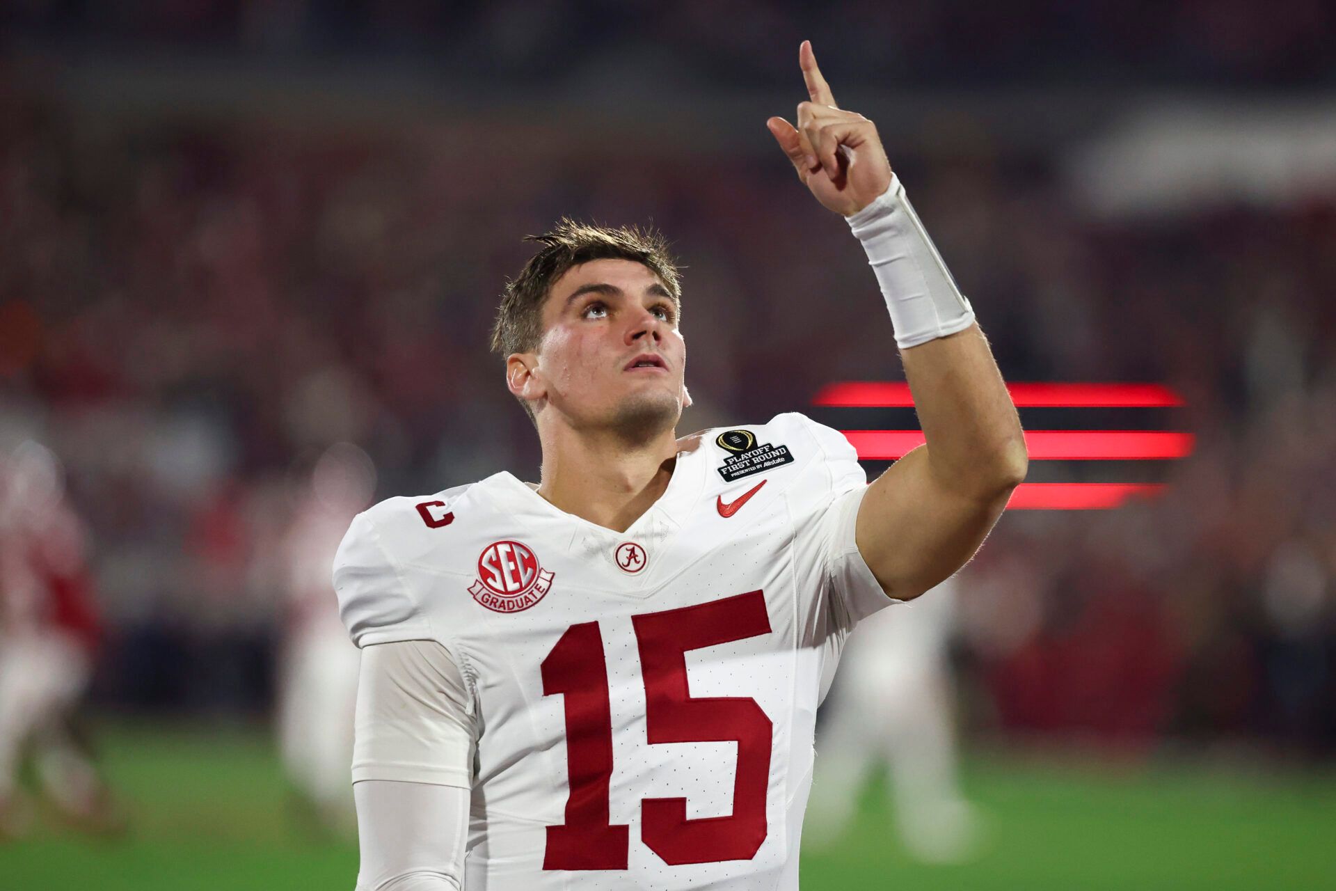 Alabama Crimson Tide quarterback Ty Simpson (15) gestures prior to a game against the Oklahoma Sooners at Gaylord Family OK Memorial Stadium.
