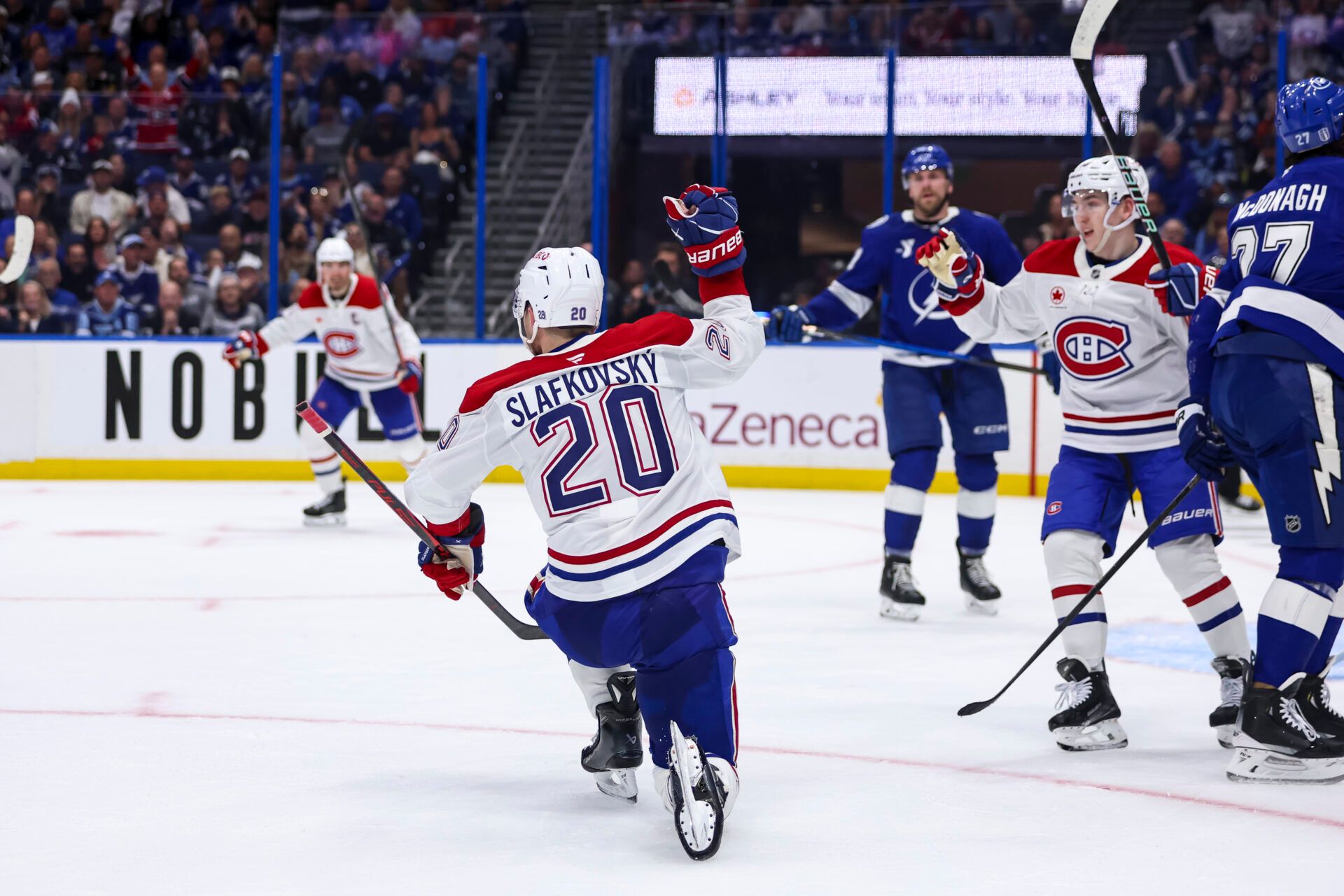 Montreal Canadiens forward Juraj Slafkovsky (20) reacts to scoring a goal against the Tampa Bay Lightning during the second period in game one of the first round of the 2026 Stanley Cup Playoffs at Benchmark International Arena.