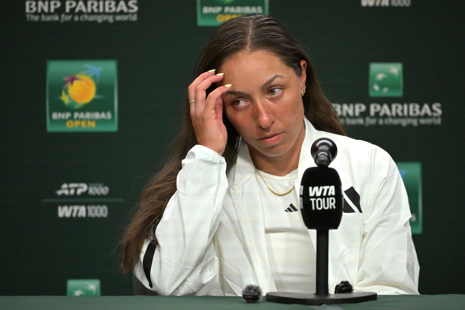 Jessica Pegula (USA) speaks to the media at a news conference during the BNP Paribas Open at the Indian Wells Tennis Garden.