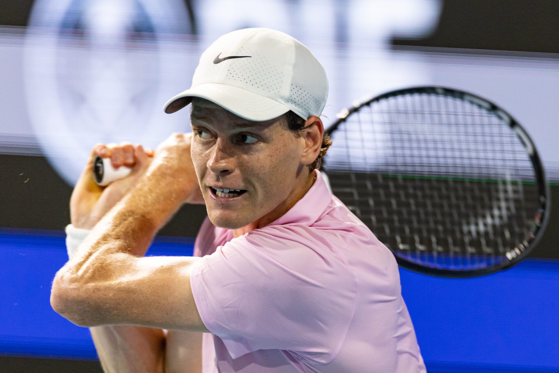 Jannik Sinner of Italy hits a backhand against Alexander Zverev of Germany in the semi-finals of the men’s singles at the Miami Open at the Hard Rock Stadium.