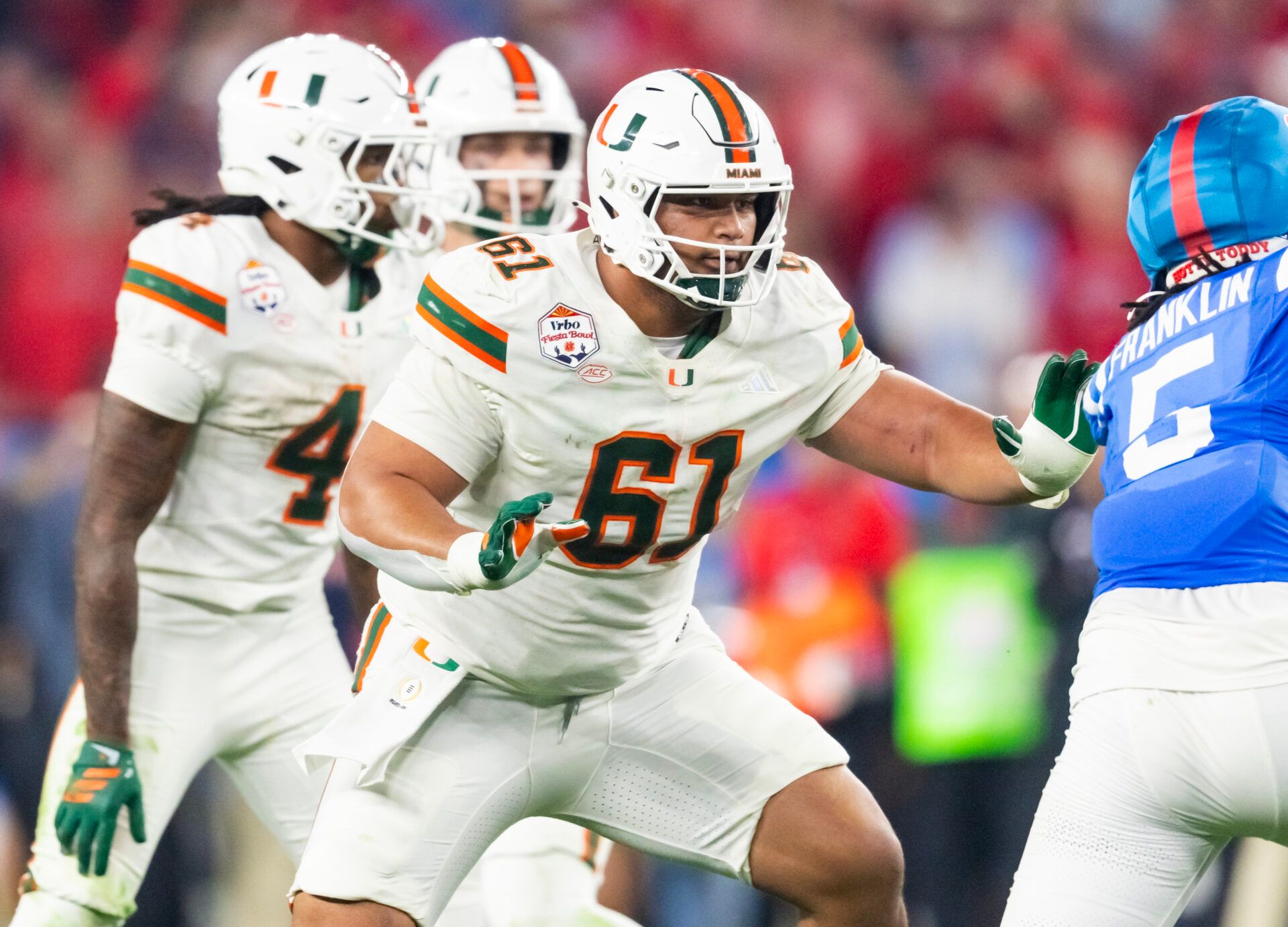 Miami Hurricanes offensive lineman Francis Mauigoa (61) against the Mississippi Rebels during the 2026 Fiesta Bowl and semifinal game of the College Football Playoff at State Farm Stadium.