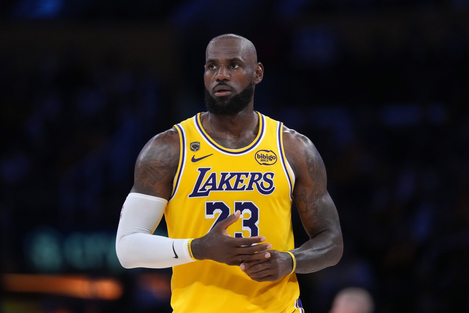 Los Angeles Lakers forward LeBron James (23) reacts against the Houston Rockets during game one of the first round of the 2026 NBA Playoffs at Crypto.com Arena.