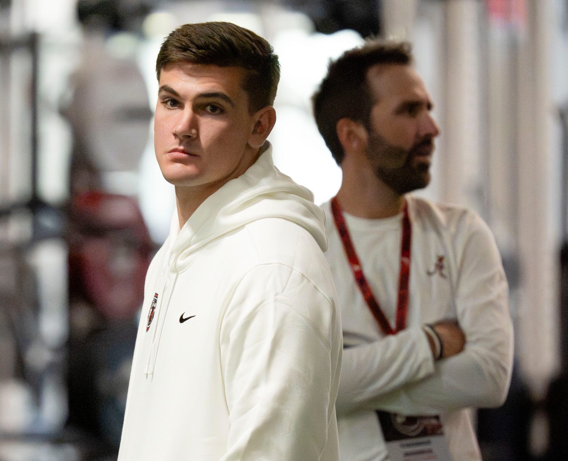 Quarterback Ty Simpson waits to throw during Pro Day in the Hank Crisp Indoor Practice Facility at the University of Alabama.