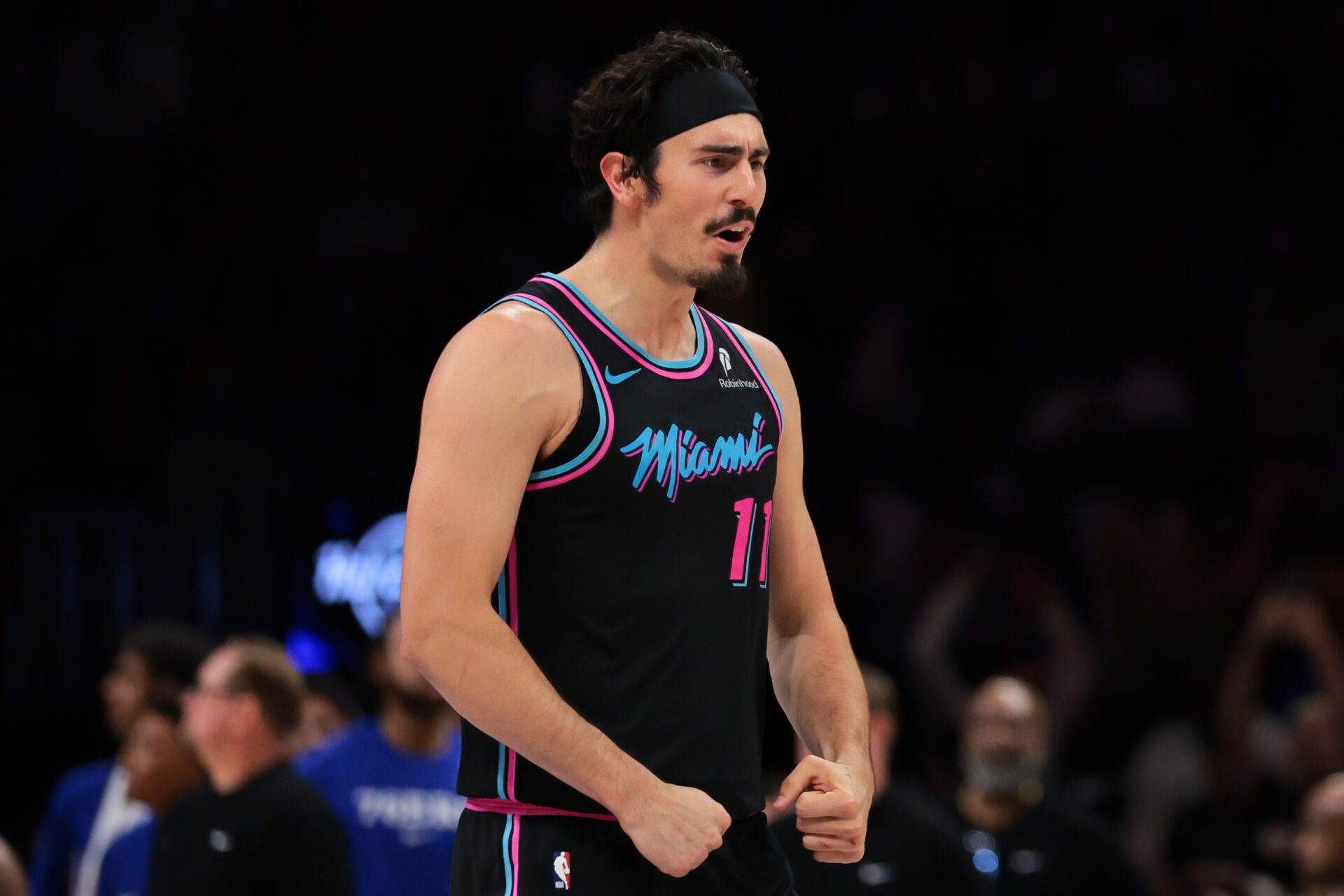 Miami Heat forward Jaime Jaquez Jr. (11) reacts after scoring against the Philadelphia 76ers during the fourth quarter at Kaseya Center.