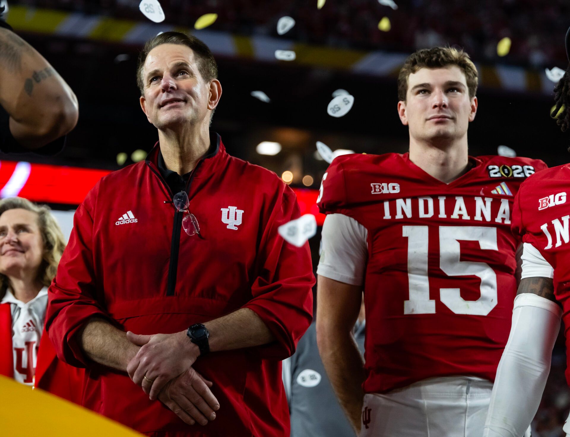 Indiana Hoosiers head coach Curt Cignetti and quarterback Fernando Mendoza (15) after defeating the Miami Hurricanes in the College Football Playoff National Championship game at Hard Rock Stadium.