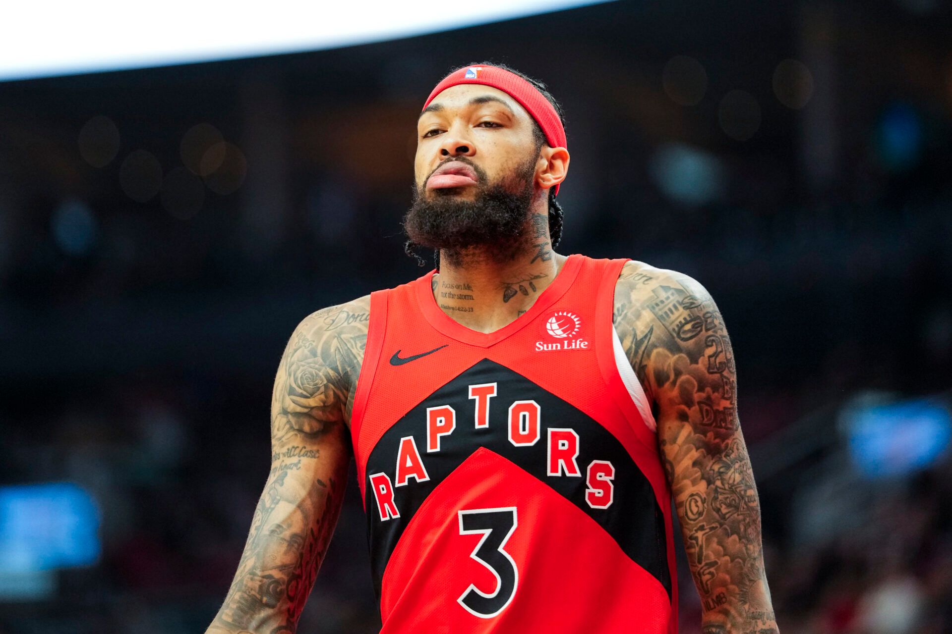 Toronto Raptors Brandon Ingram (3) reacts after a call during the first half against the Brooklyn Nets at Scotiabank Arena.