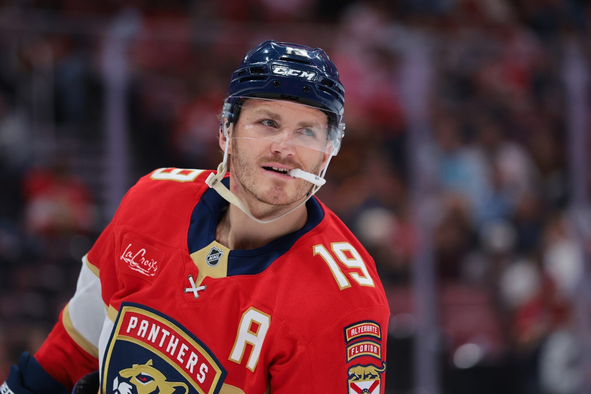 Florida Panthers left wing Matthew Tkachuk (19) looks on against the Detroit Red Wings during the first period at Amerant Bank Arena.