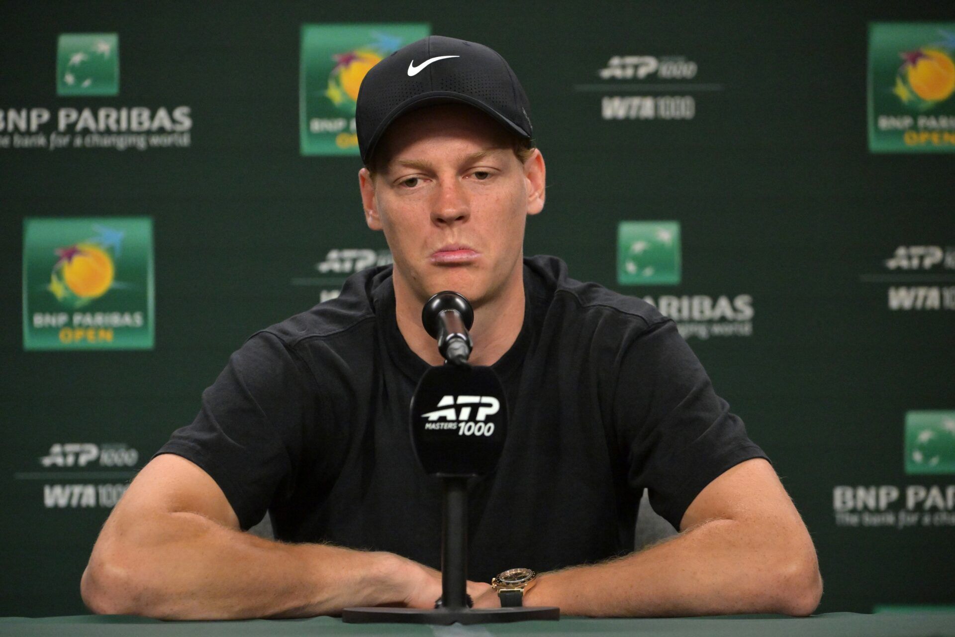 Jannik Sinner (ITA) speaks at a news conference during the BNP Paribas Open at the Indian Wells Tennis Garden.