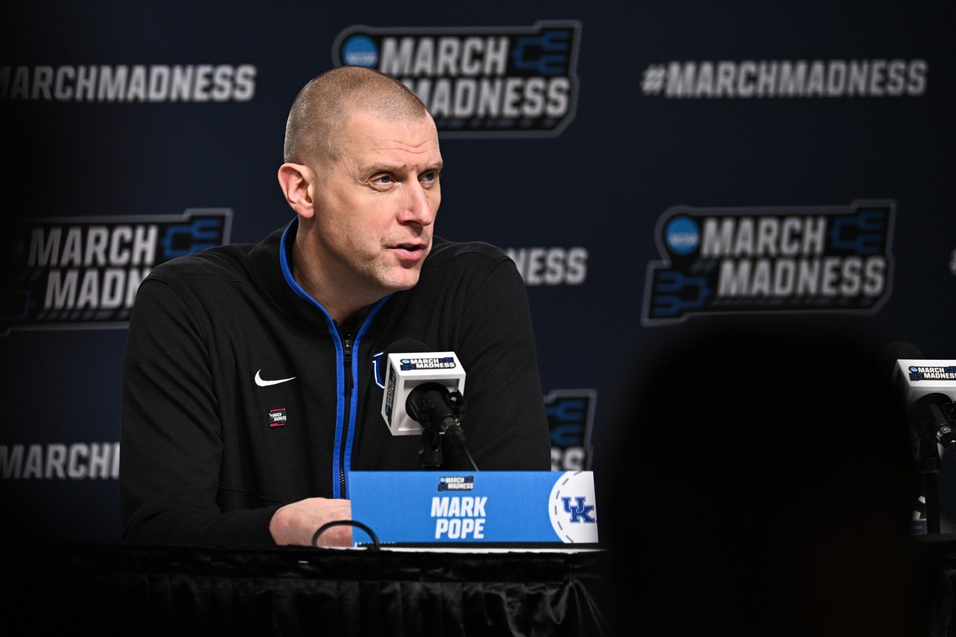 Kentucky Wildcats head coach Mark Pope speaks during the postgame press conference after the game against the Iowa State Cyclones during a second round game of the men's 2026 NCAA Tournament at Enterprise Center.