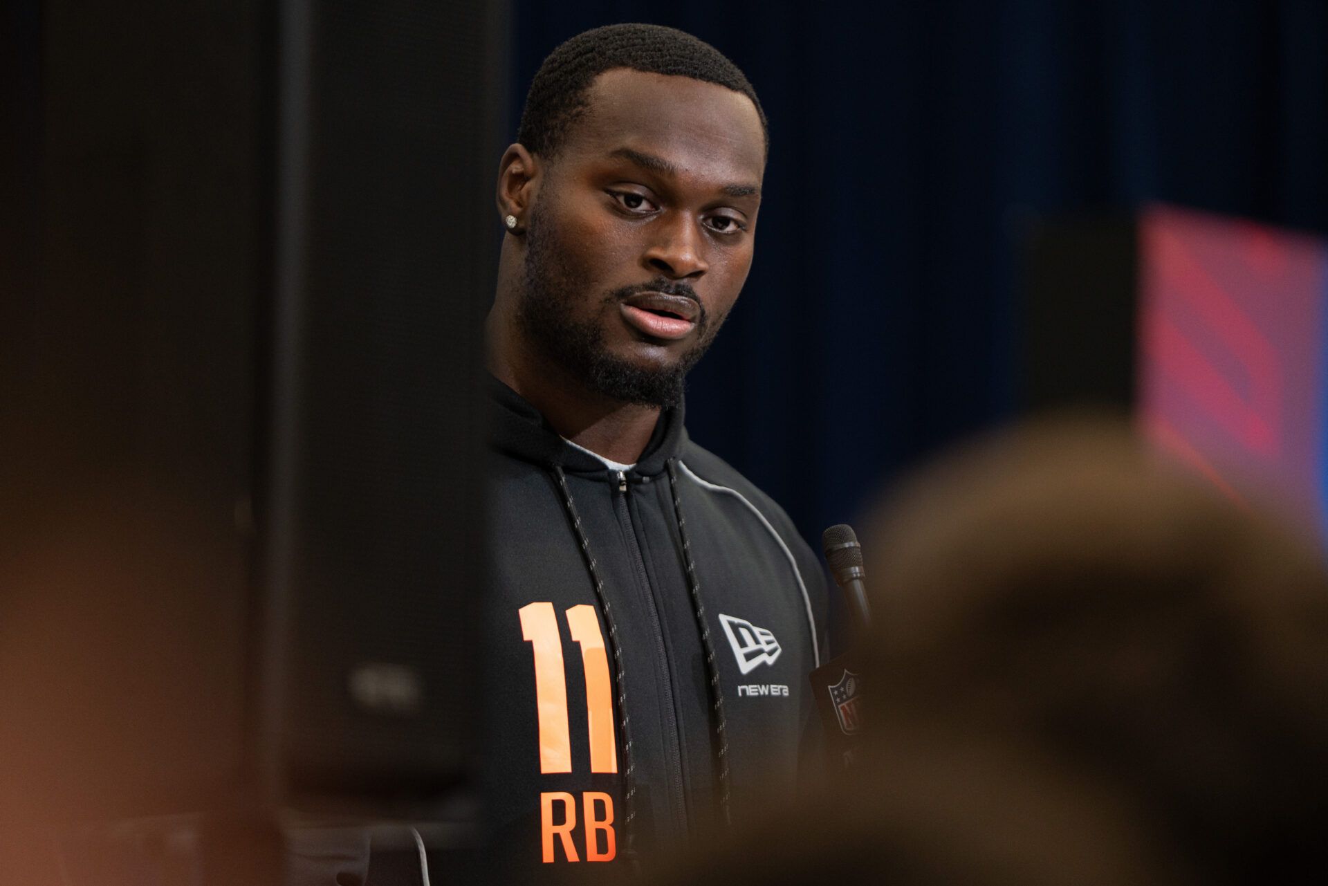 Notre Dame running back Jeremiyah Love (RB11) speaks to members of the media during the NFL Combine at the Indiana Convention Center.