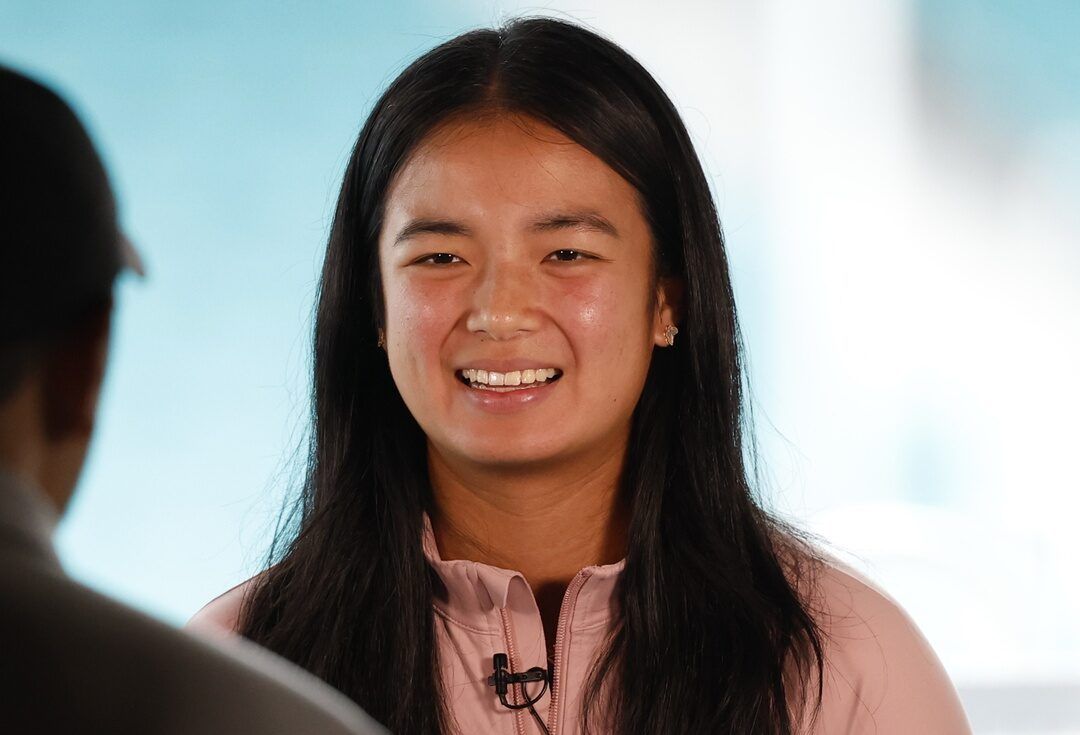 Alexandra Eala (PHI) speaks to a member of the media during Media Day on Day 1 of the 2026 Miami Open at Hard Rock Stadium.
