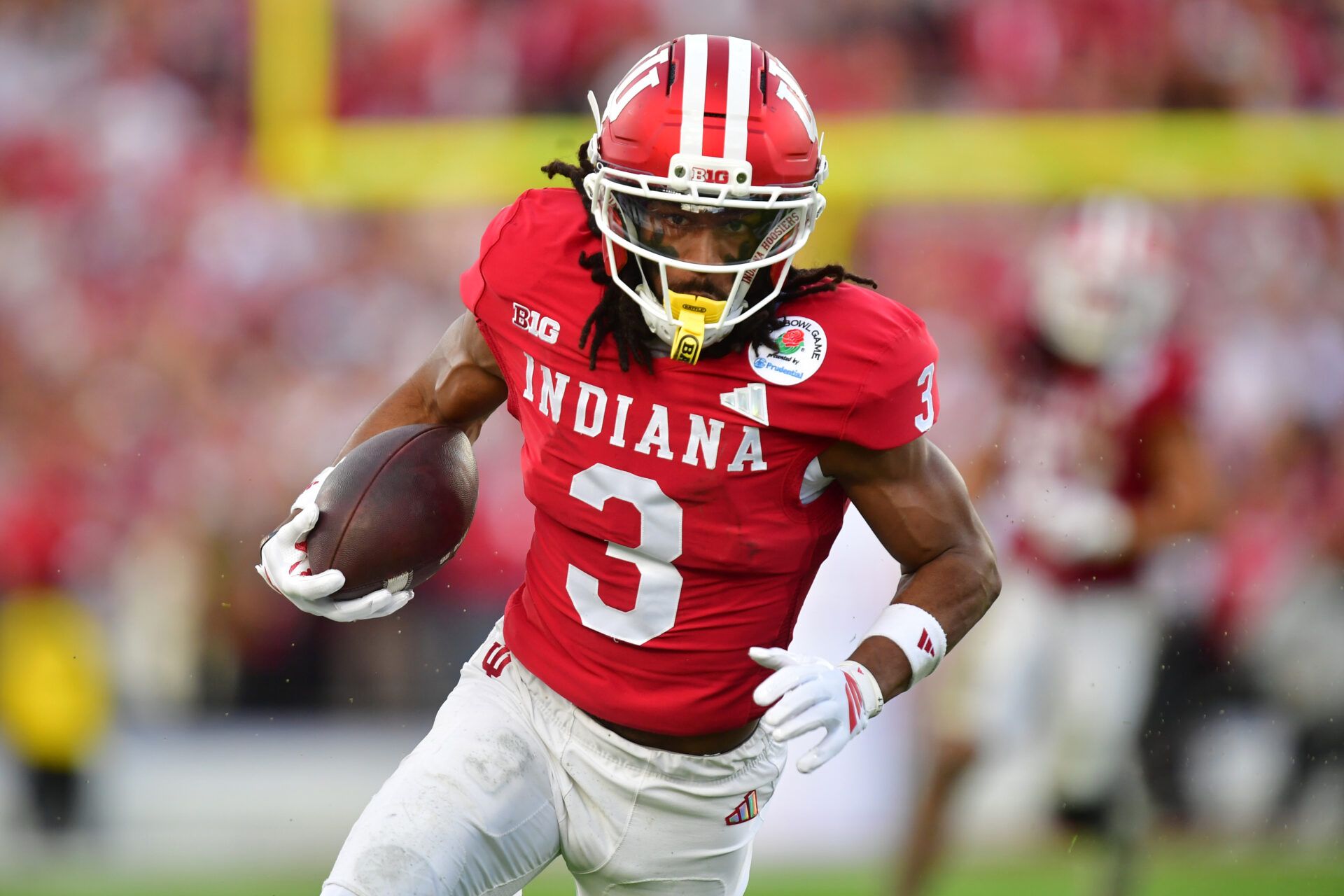 Indiana Hoosiers wide receiver Omar Cooper Jr. (3) runs against the Alabama Crimson Tide in the second half of the 2026 Rose Bowl and quarterfinal game of the College Football Playoff at Rose Bowl Stadium.