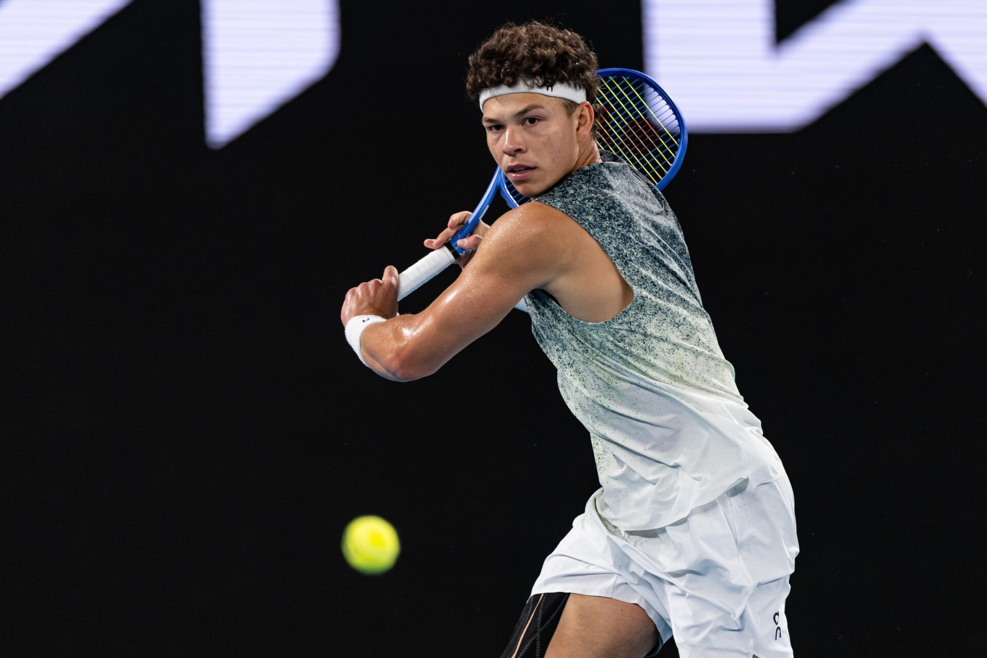 Ben Shelton of United States in action against Jannik Sinner of Italy in the quarterfinals of the mens singles at the Australian Open at Rod Laver Arena in Melbourne Park.