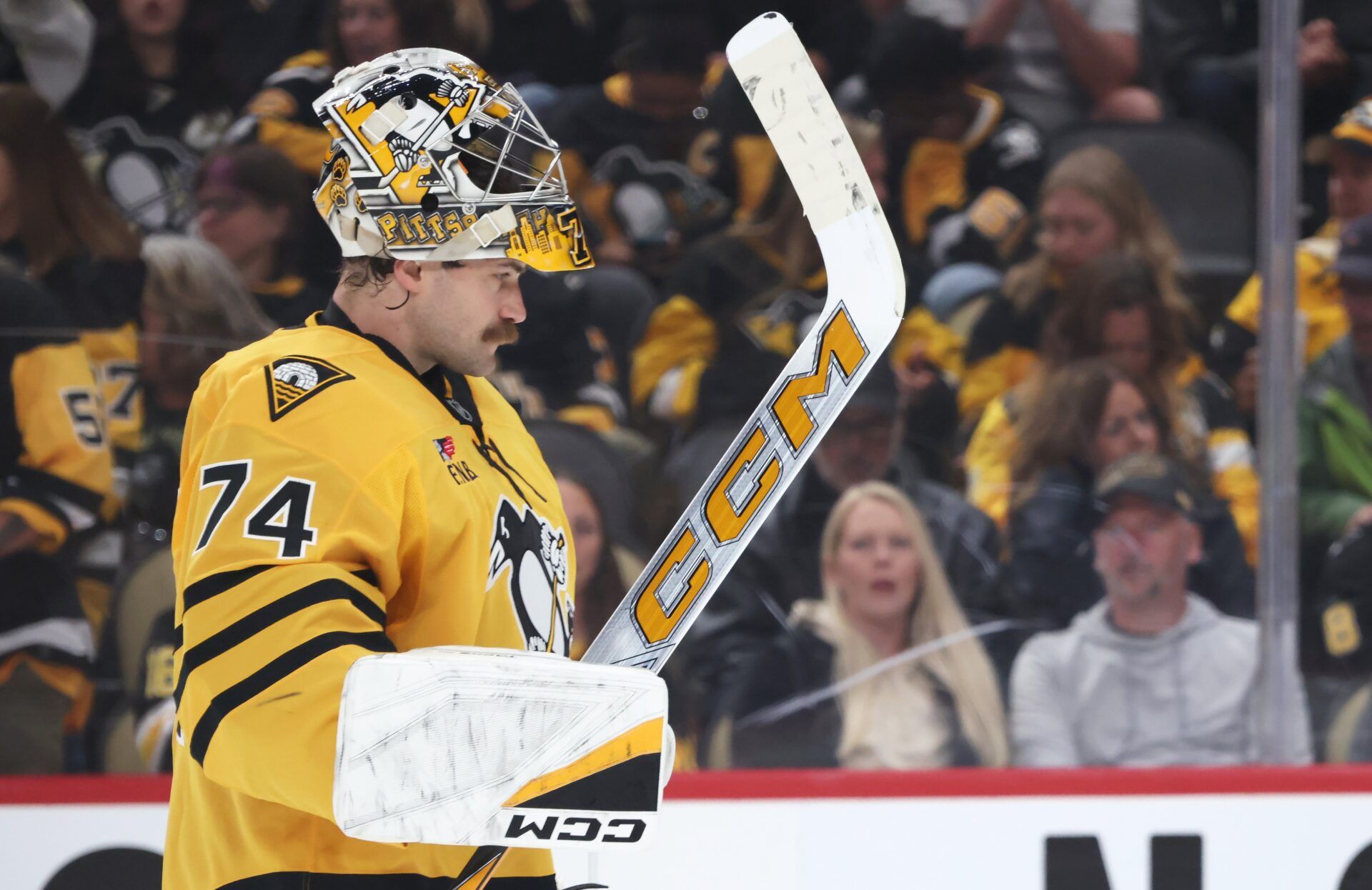 Pittsburgh Penguins goaltender Stuart Skinner (74) returns to his net against the Philadelphia Flyers during the second period in game one of the first round of the 2026 Stanley Cup Playoffs at PPG Paints Arena.