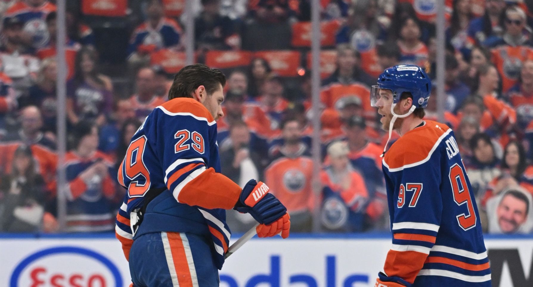 Edmonton Oilers center Leon Draisaitl (29) and  center Connor McDavid (97) at Rogers Place.