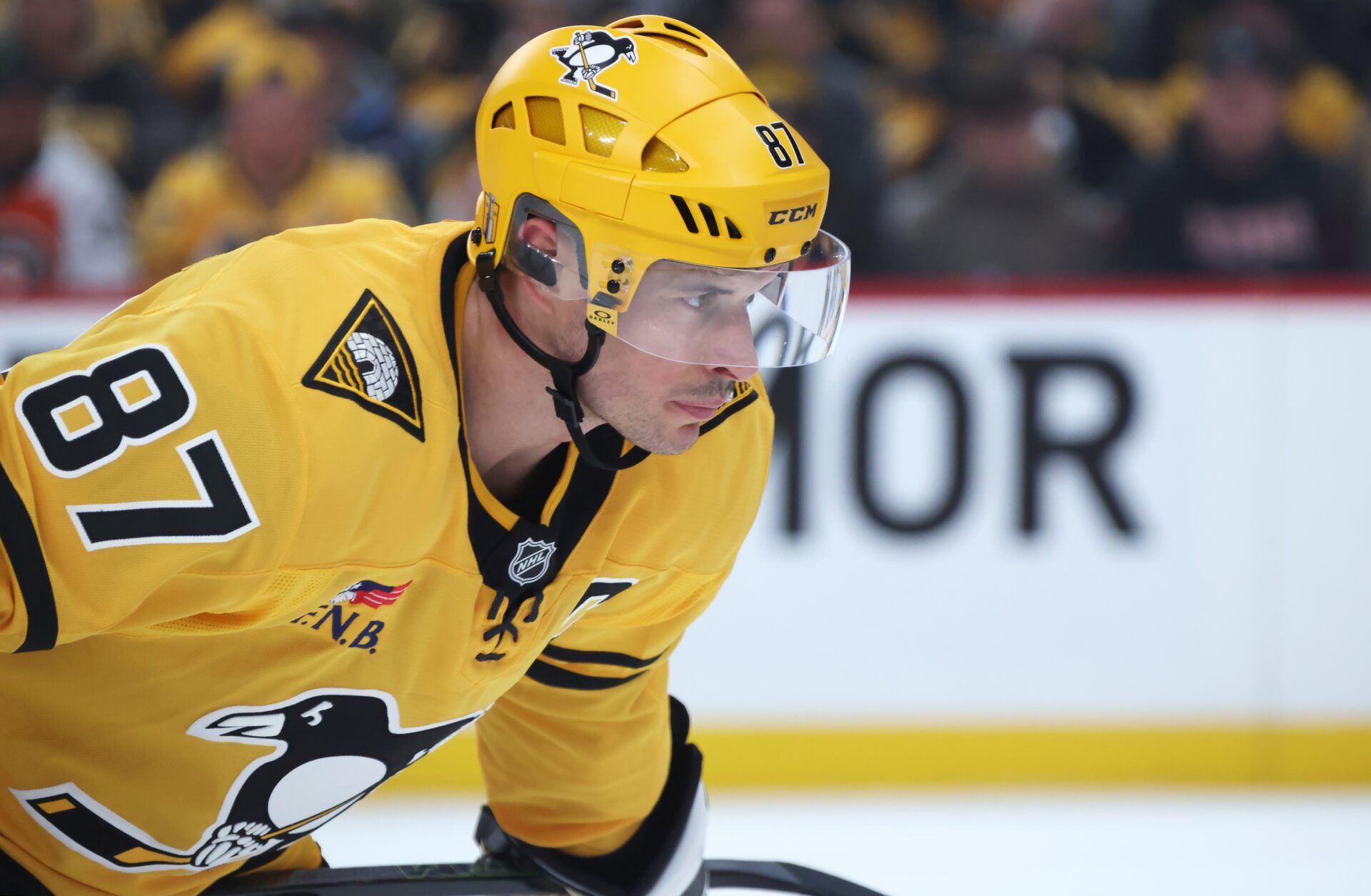 Pittsburgh Penguins center Sidney Crosby (87) before a face-off against the Philadelphia Flyers during the third period n game two of the first round of the 2026 Stanley Cup Playoffs at PPG Paints Arena.